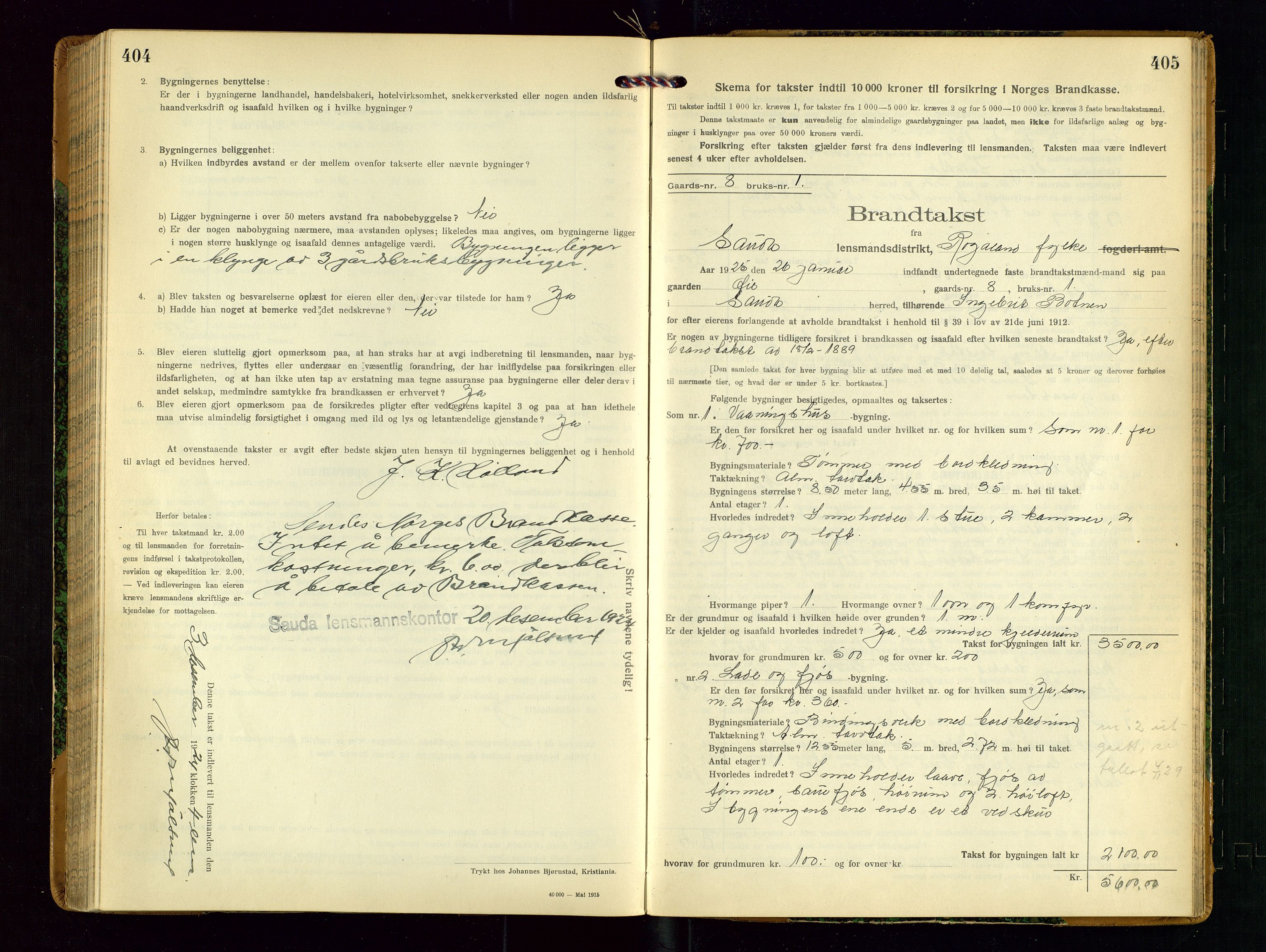 Sauda lensmannskontor, AV/SAST-A-100177/Gob/L0002: Branntakstprotokoll - skjematakst, 1916-1928, s. 404-405