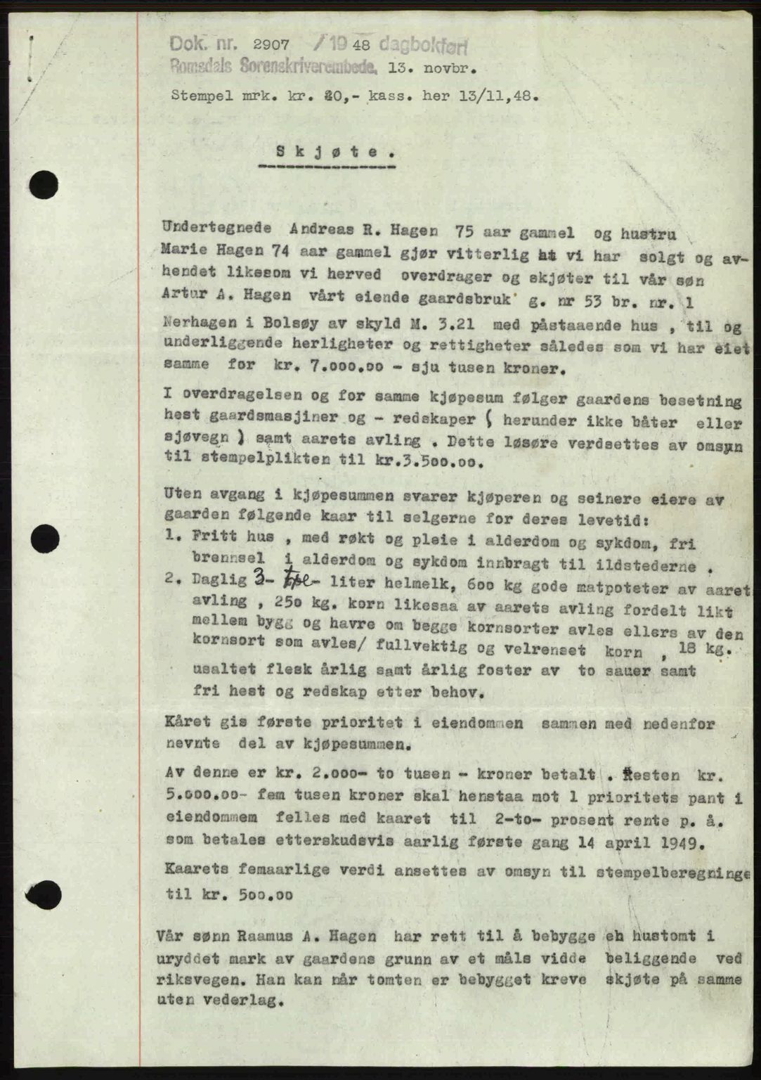 Romsdal sorenskriveri, SAT/A-4149/1/2/2C: Pantebok nr. A27, 1948-1948, Dagboknr: 2907/1948