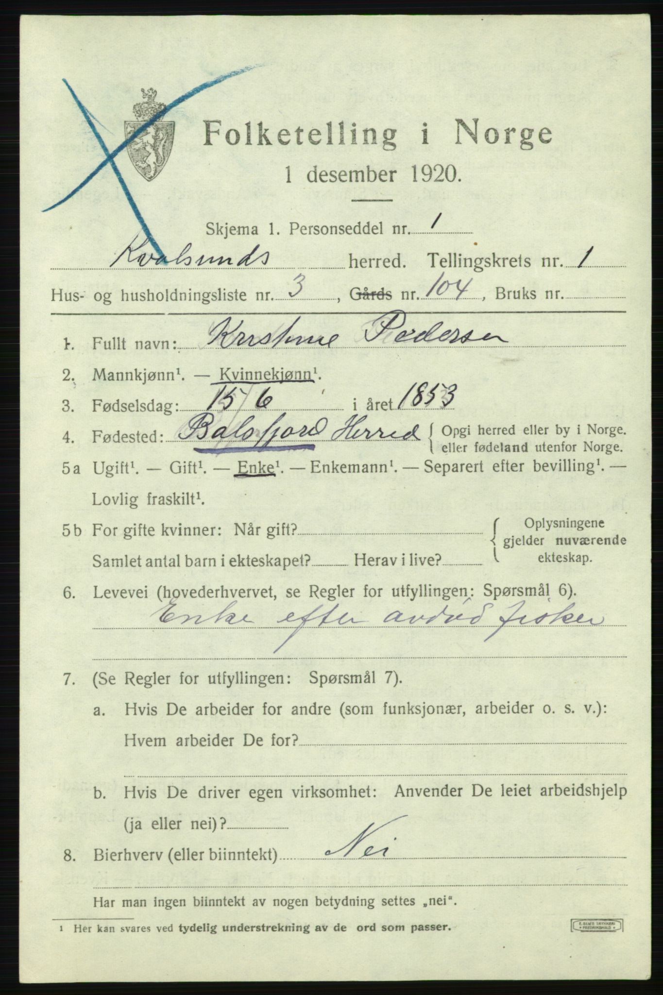 SATØ, Folketelling 1920 for 2017 Kvalsund herred, 1920, s. 500