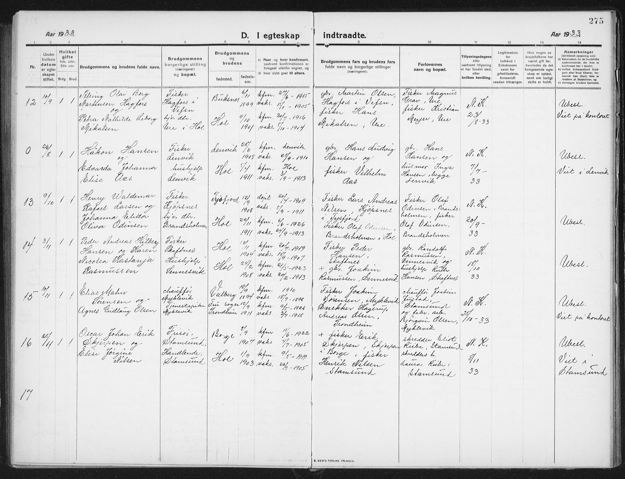 Ministerialprotokoller, klokkerbøker og fødselsregistre - Nordland, AV/SAT-A-1459/882/L1183: Klokkerbok nr. 882C01, 1911-1938, s. 275