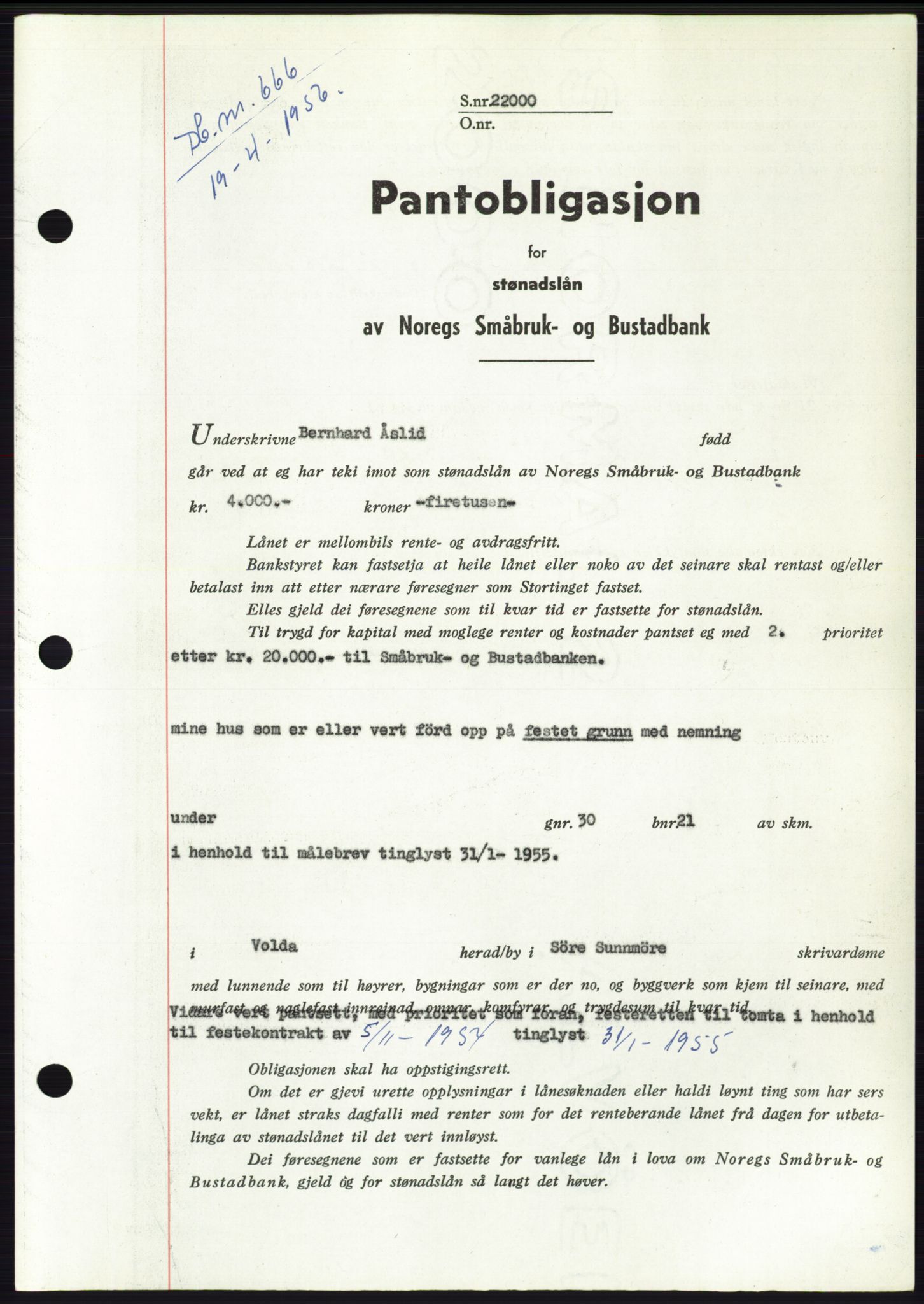 Søre Sunnmøre sorenskriveri, SAT/A-4122/1/2/2C/L0128: Pantebok nr. 16B, 1956-1956, Dagboknr: 666/1956