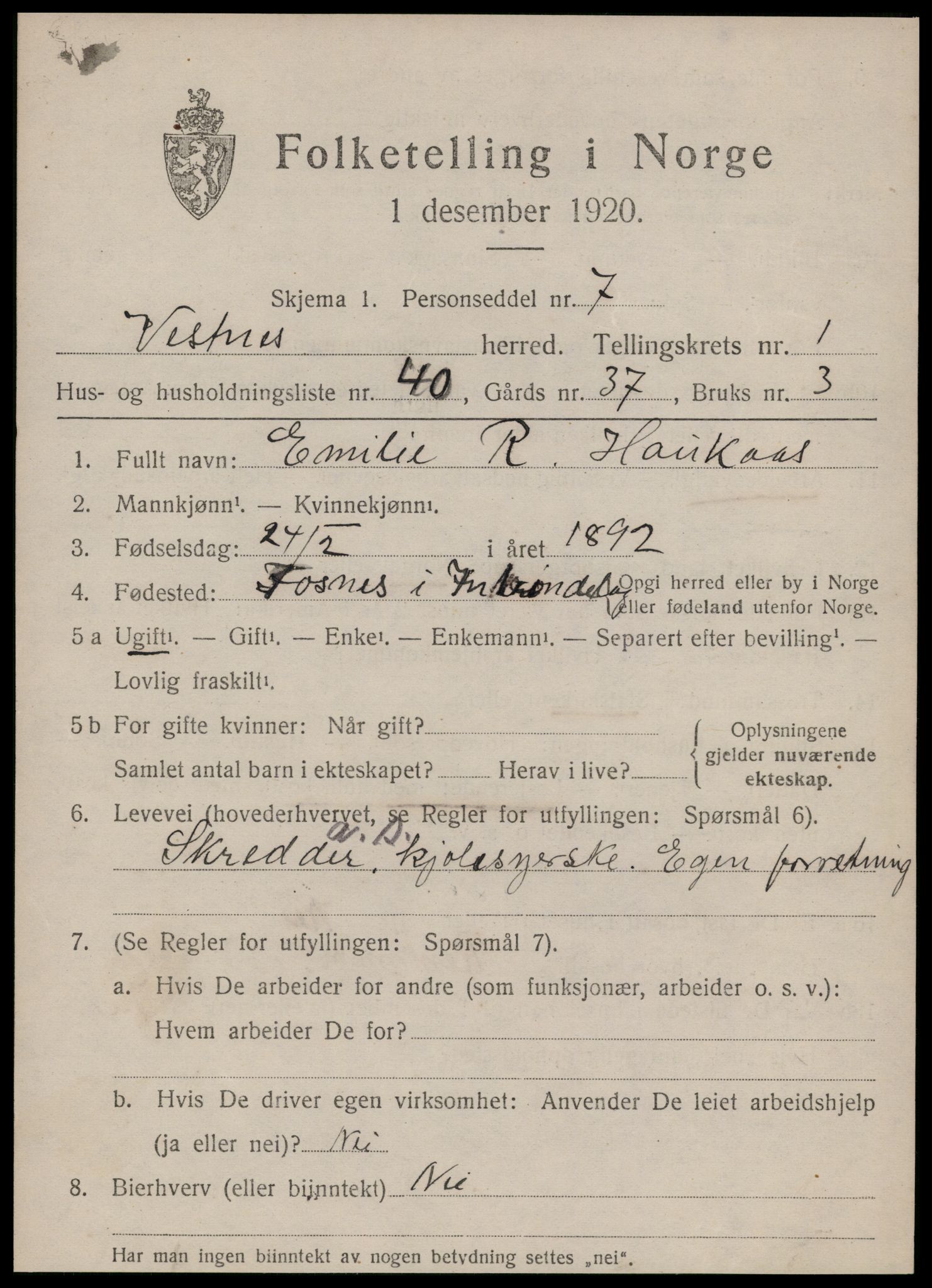 SAT, Folketelling 1920 for 1535 Vestnes herred, 1920, s. 1691