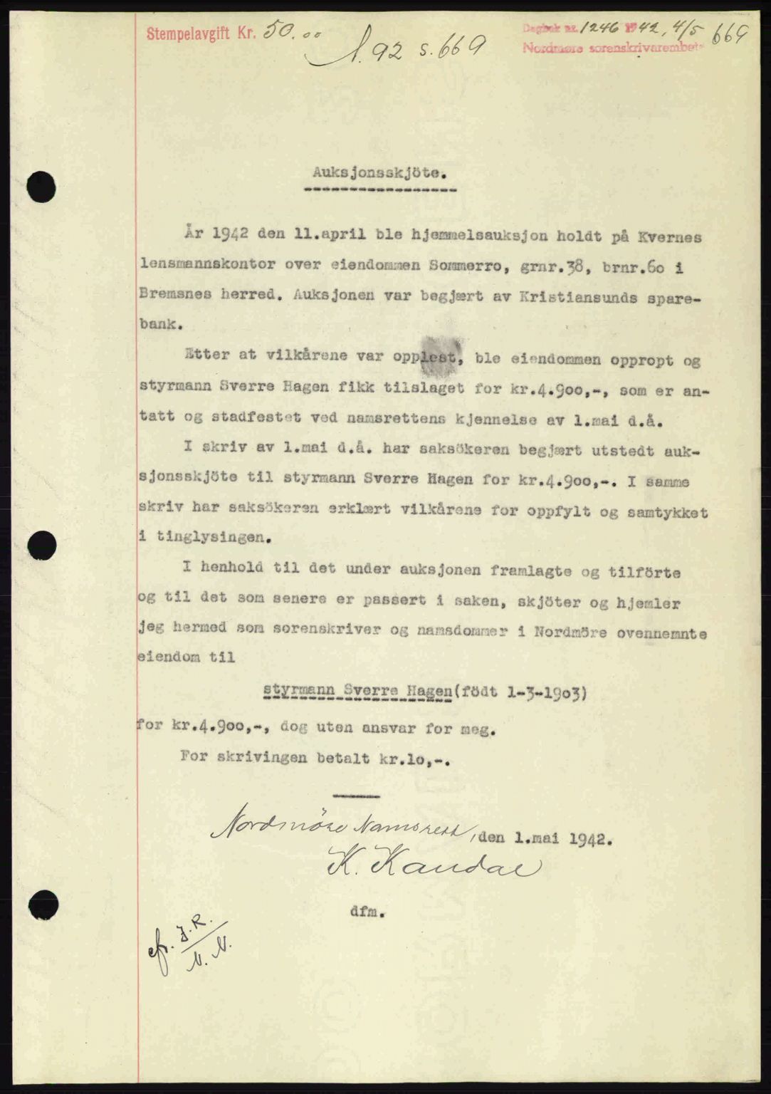Nordmøre sorenskriveri, SAT/A-4132/1/2/2Ca: Pantebok nr. A92, 1942-1942, Dagboknr: 1246/1942