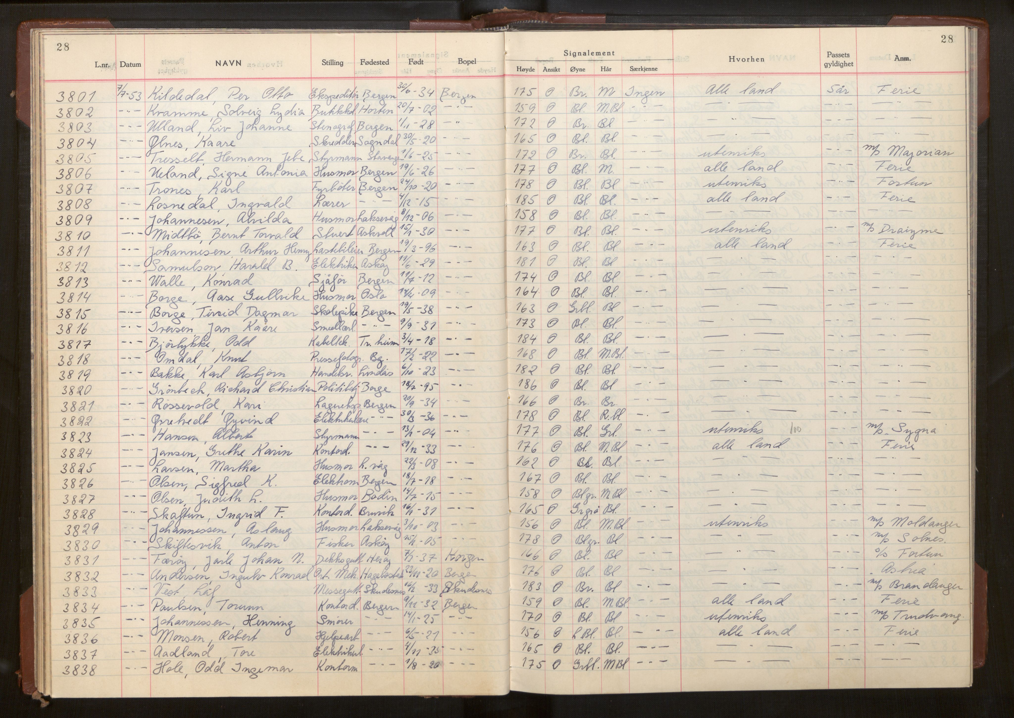 Bergen politikammer / politidistrikt, AV/SAB-A-60401/L/La/Lab/L0020: Passprotokoll, 1953-1955