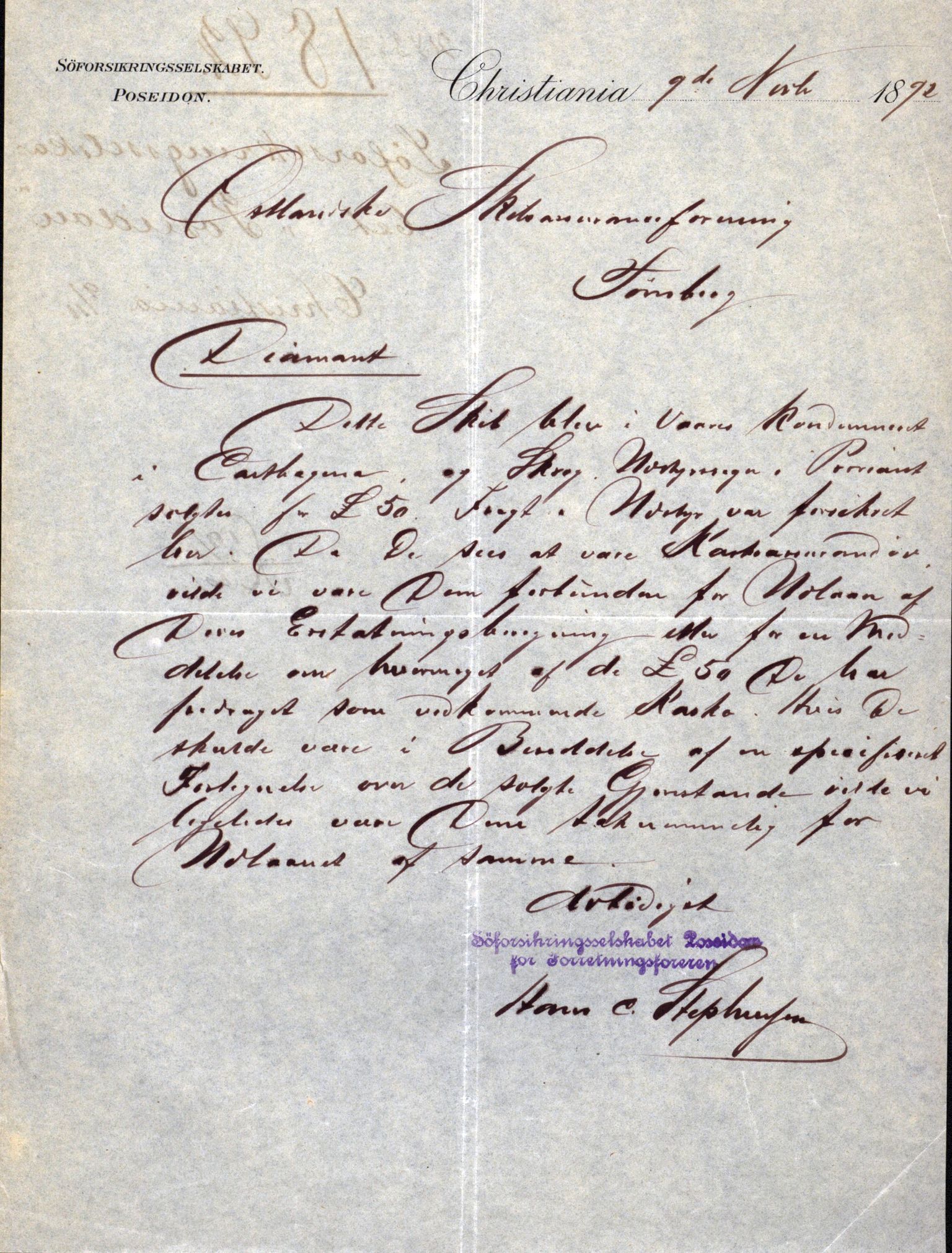 Pa 63 - Østlandske skibsassuranceforening, VEMU/A-1079/G/Ga/L0029/0007: Havaridokumenter / Diamant, Foldin, Aise, Florida, Flora, 1892, s. 82