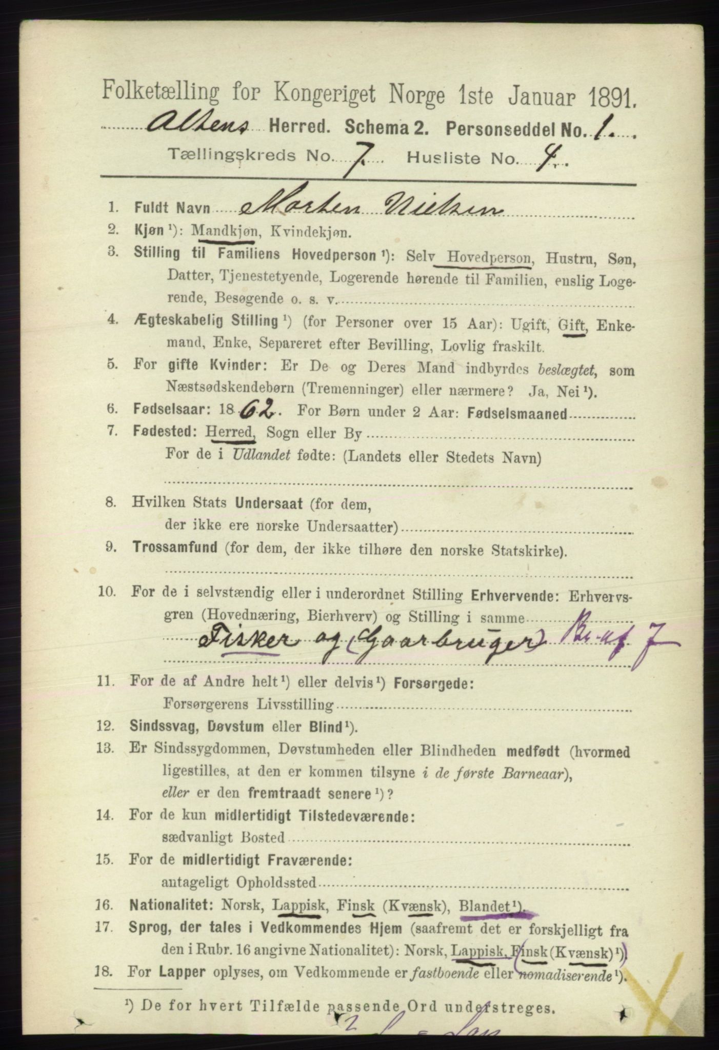 RA, Folketelling 1891 for 2012 Alta herred, 1891, s. 2123
