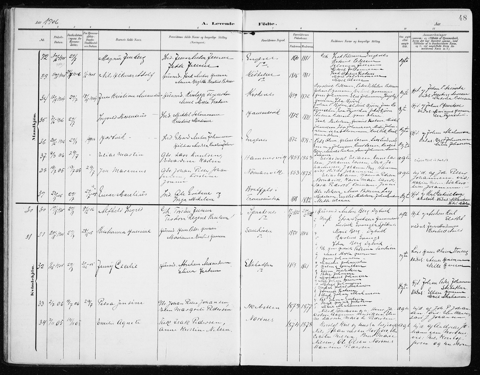 Lyngen sokneprestembete, AV/SATØ-S-1289/H/He/Hea/L0011kirke: Ministerialbok nr. 11, 1903-1913, s. 48