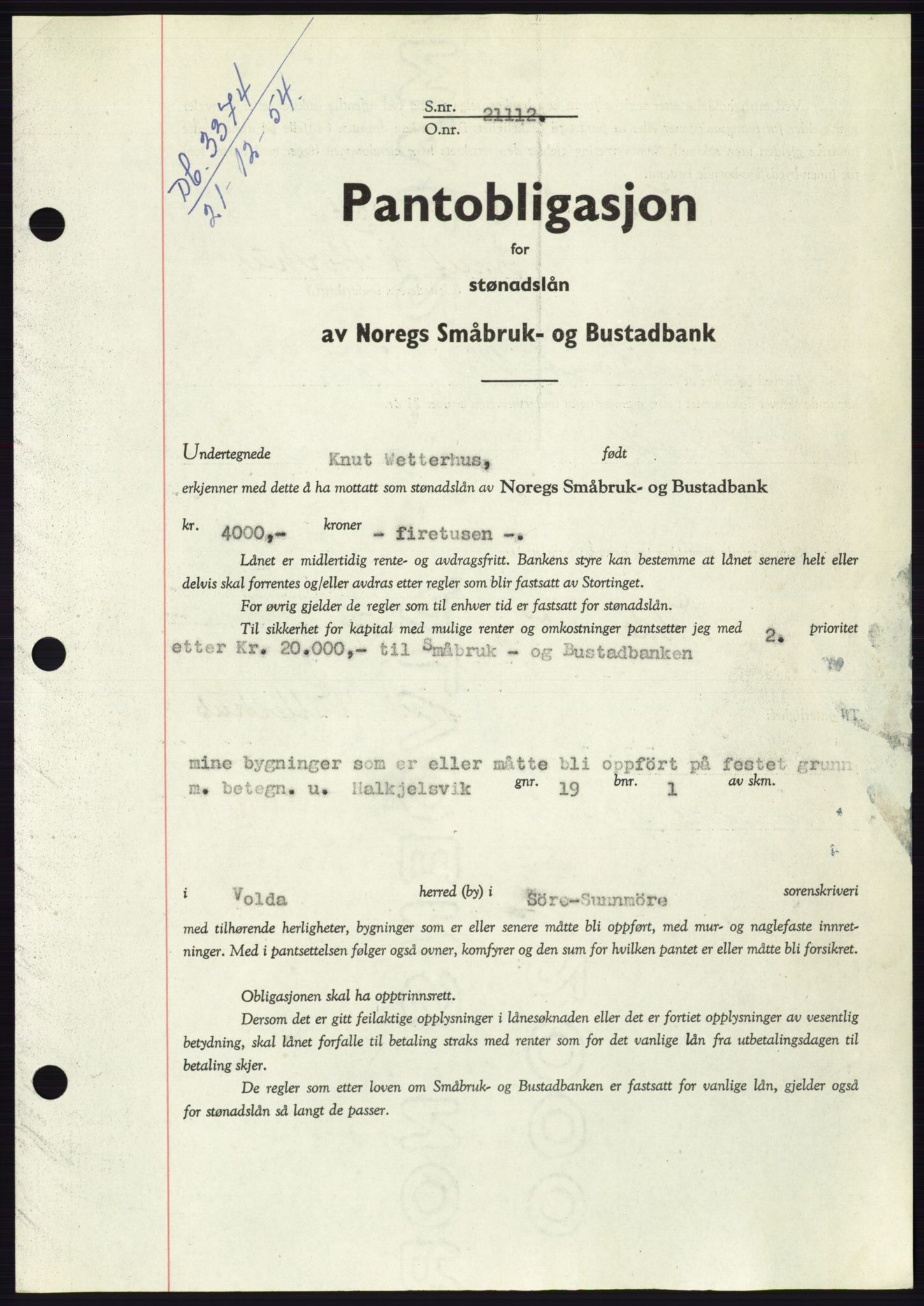 Søre Sunnmøre sorenskriveri, AV/SAT-A-4122/1/2/2C/L0126: Pantebok nr. 14B, 1954-1955, Dagboknr: 3374/1954