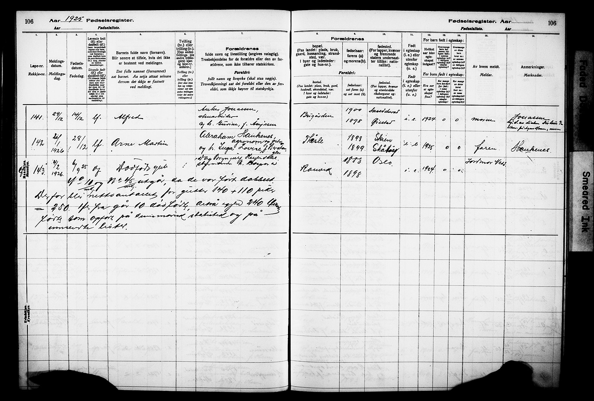 Sandar kirkebøker, SAKO/A-243/J/Ja/L0002: Fødselsregister nr. 2, 1922-1929, s. 106