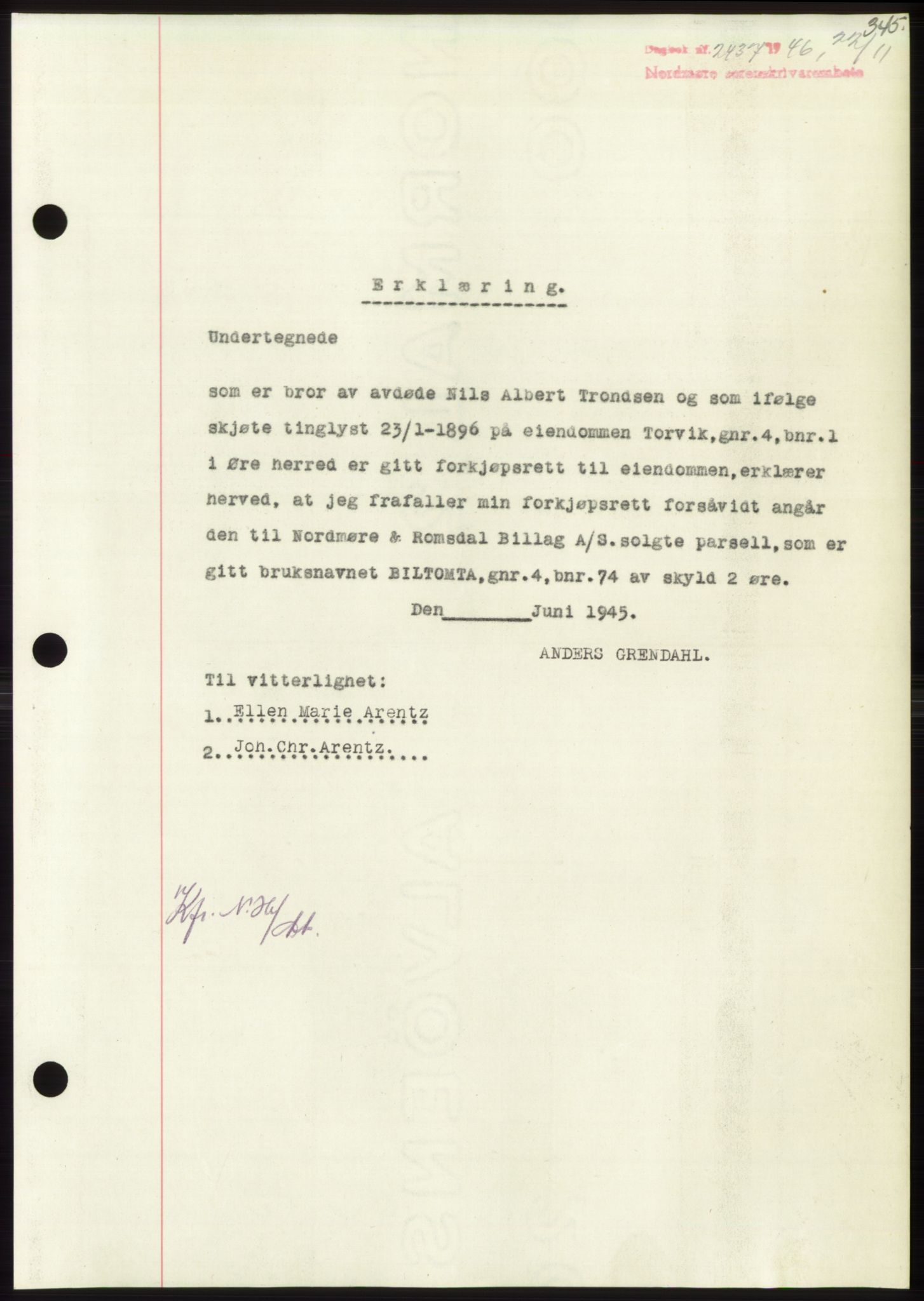 Nordmøre sorenskriveri, SAT/A-4132/1/2/2Ca: Pantebok nr. B95, 1946-1947, Dagboknr: 2437/1946