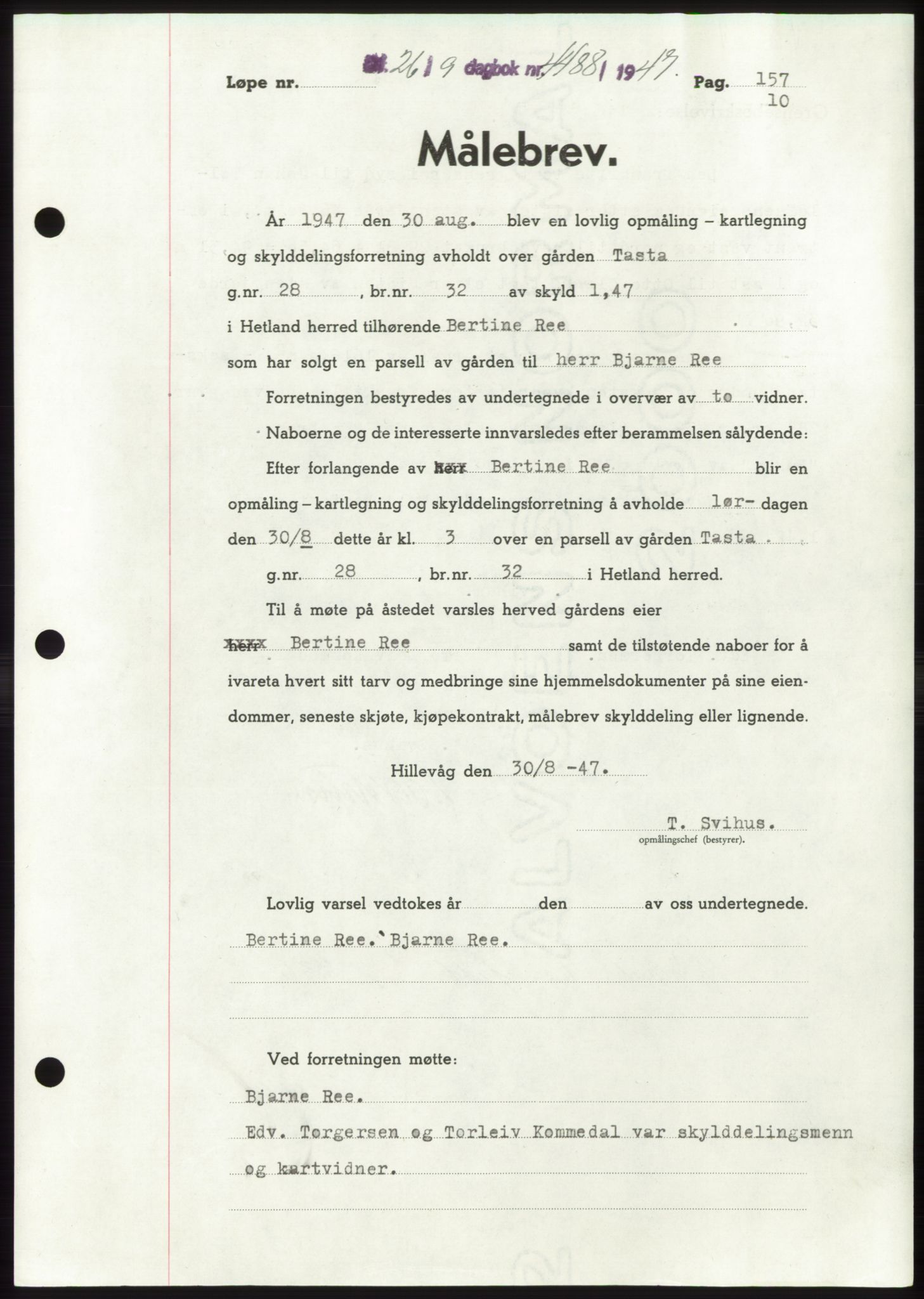 Jæren sorenskriveri, SAST/A-100310/03/G/Gba/L0096: Pantebok, 1947-1947, Dagboknr: 4488/1947