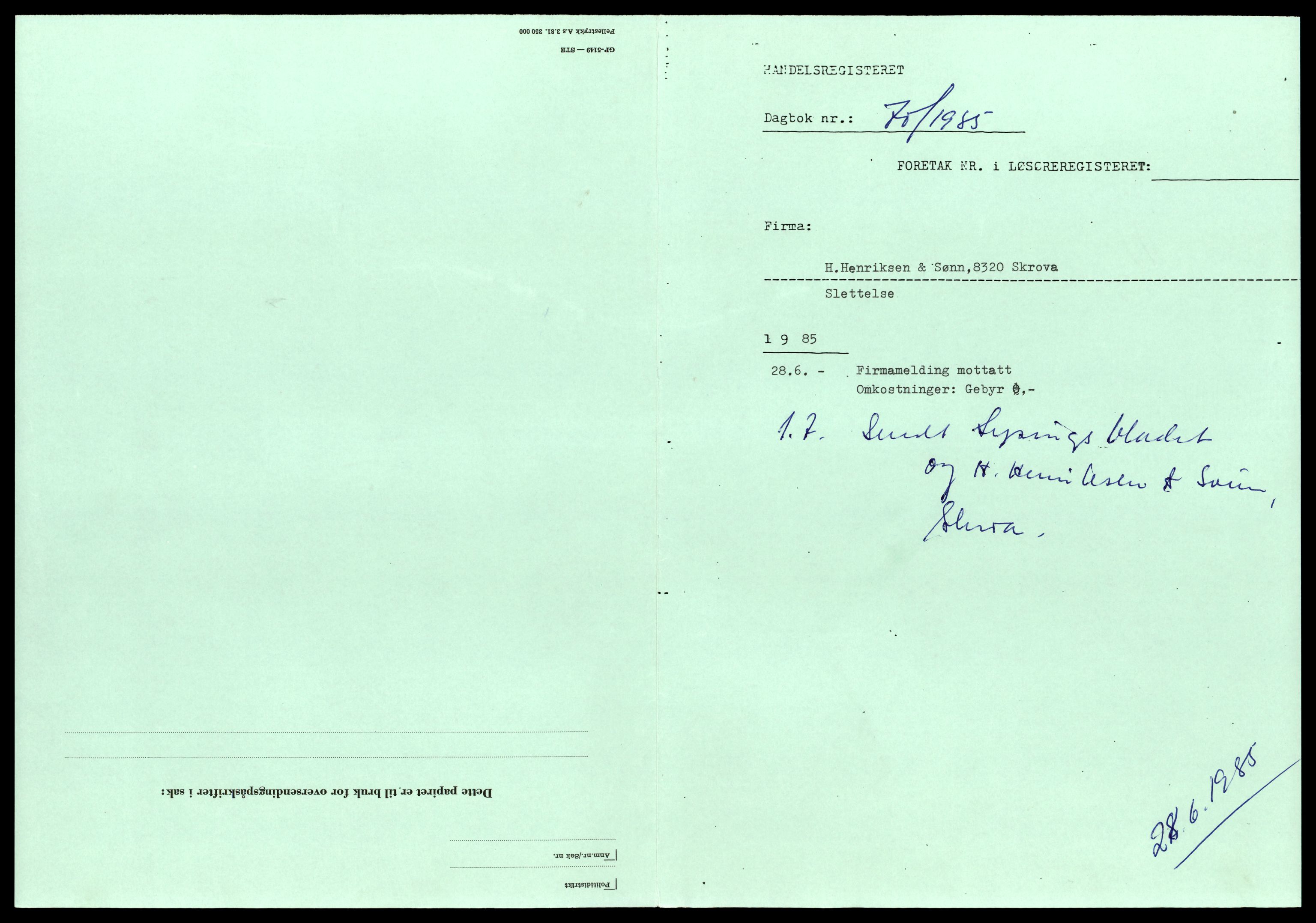 Lofoten sorenskriveri, SAT/A-0017/2/J/Jd/Jdb/L0002: Bilag, H-K, 1944-1990, s. 1