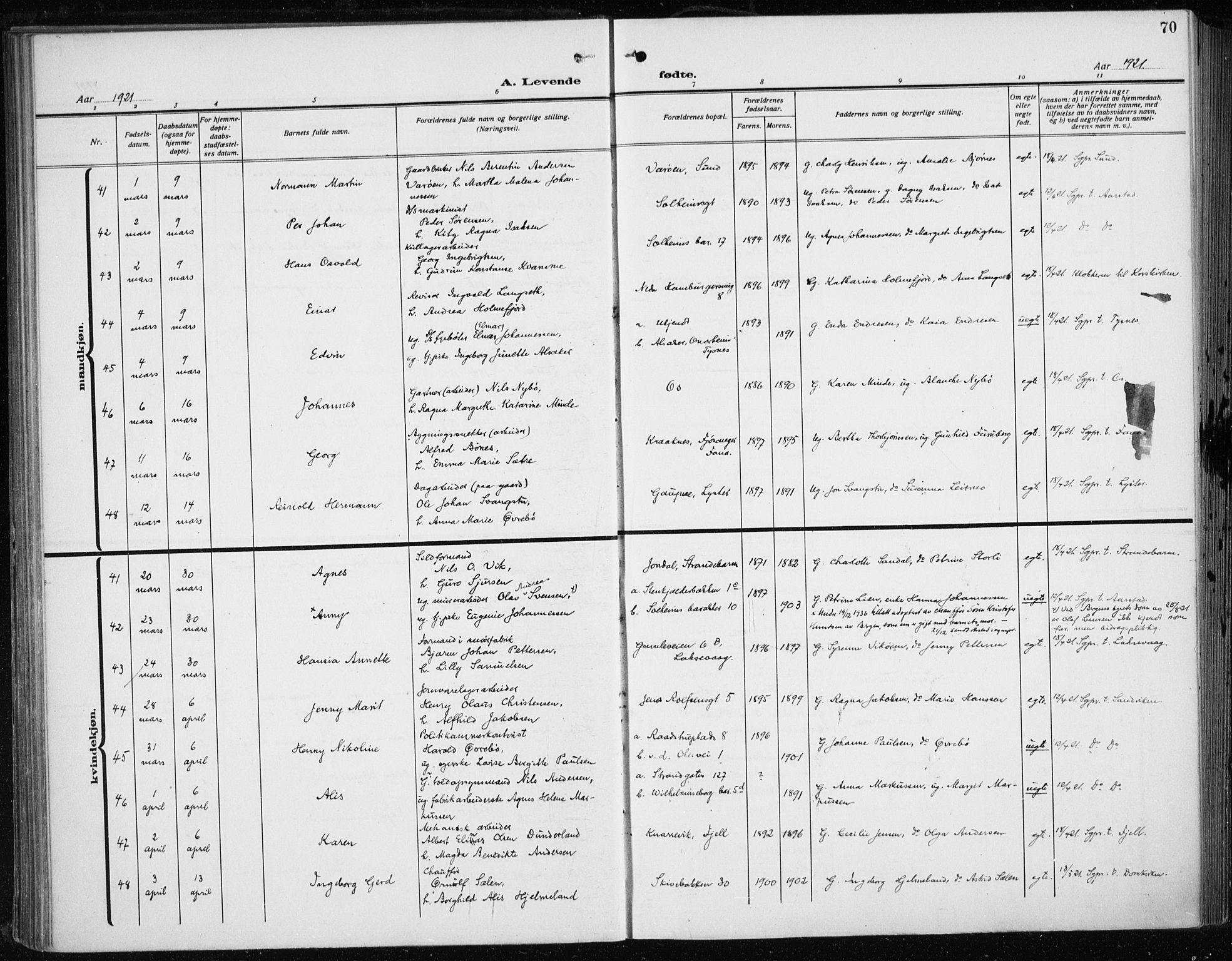 Fødselsstiftelsens sokneprestembete*, SAB/-: Ministerialbok nr. A 5, 1918-1926, s. 70