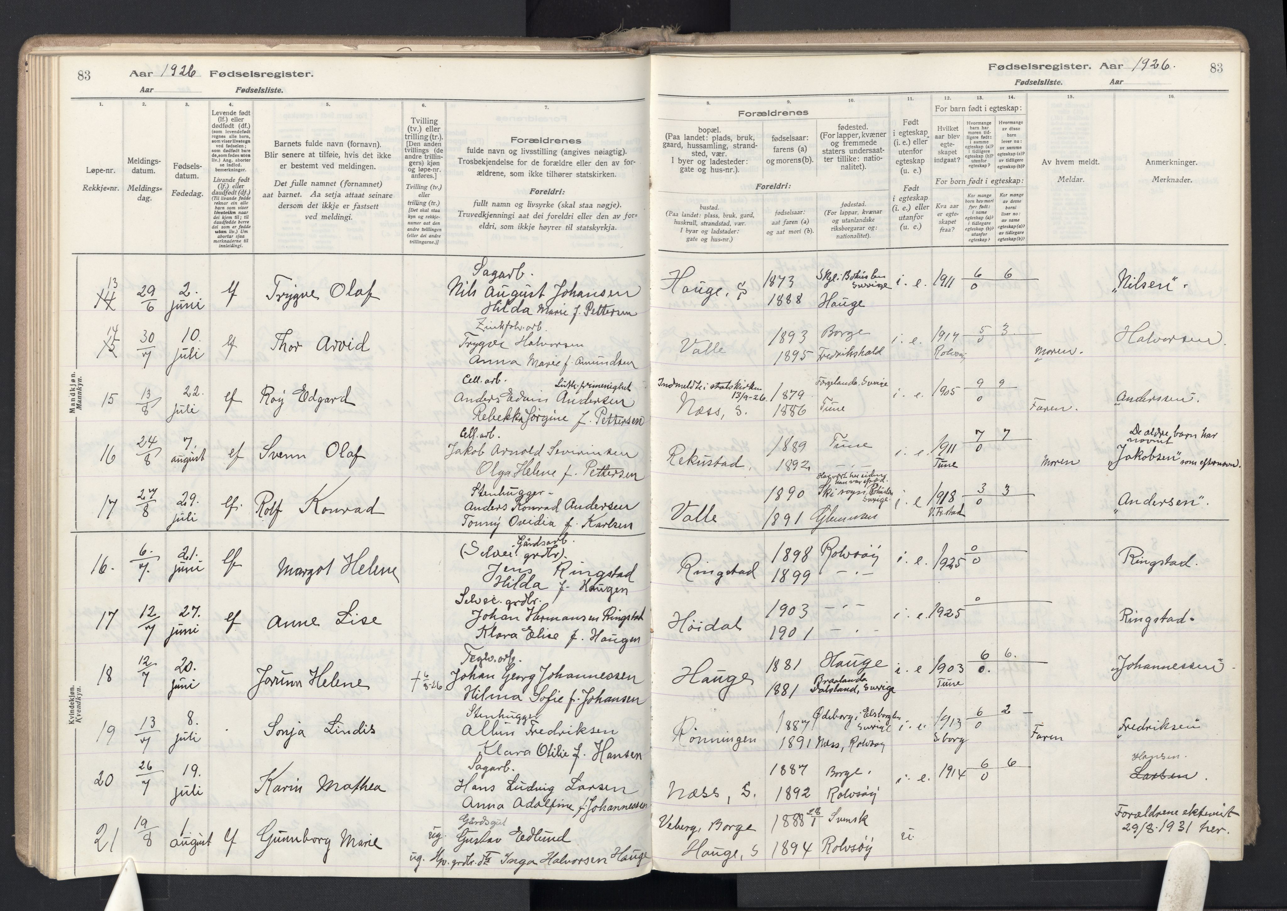 Rolvsøy prestekontor Kirkebøker, AV/SAO-A-2004/J/Ja/L0001: Fødselsregister nr. 1, 1916-1946, s. 83