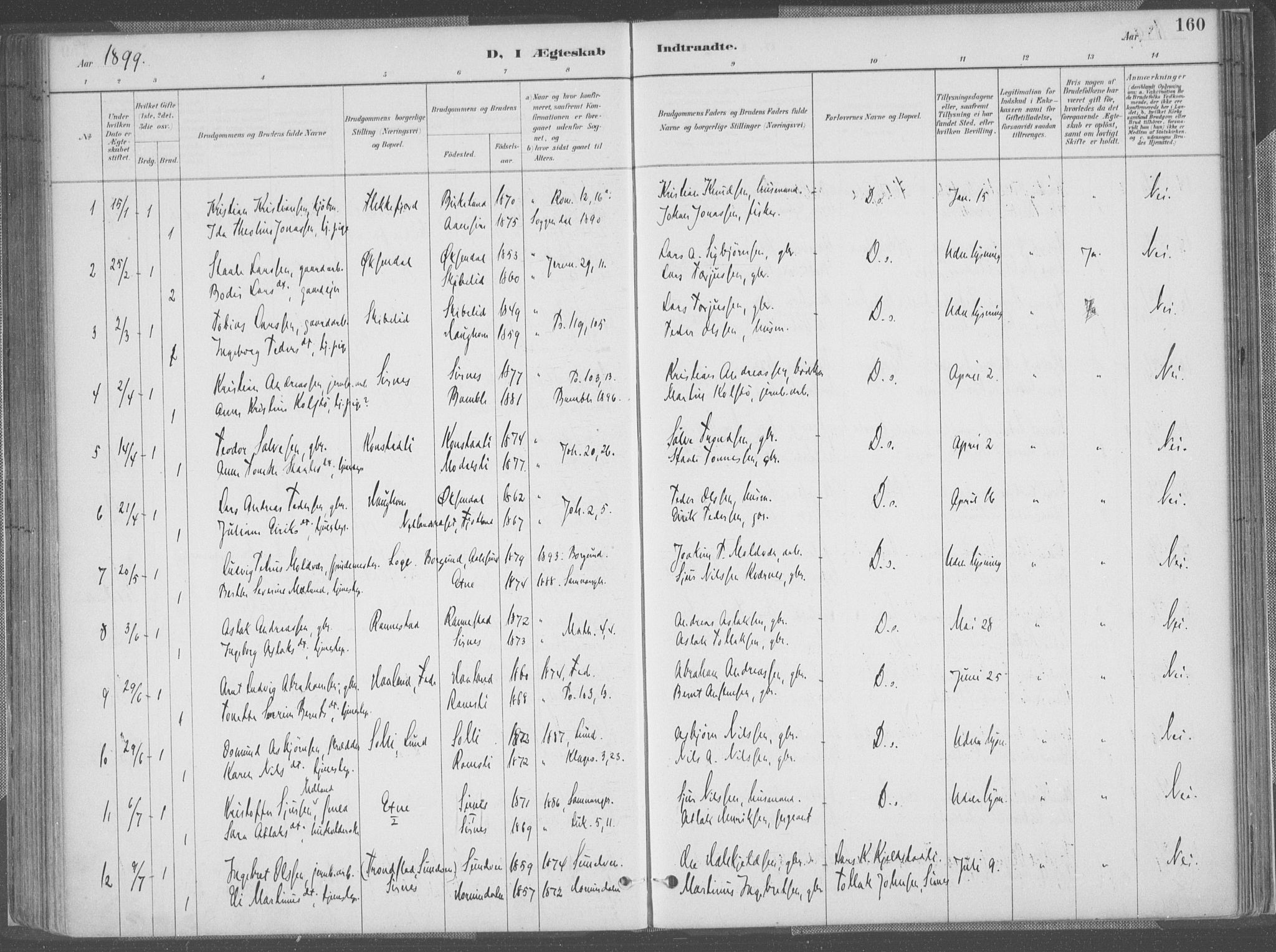 Bakke sokneprestkontor, AV/SAK-1111-0002/F/Fa/Faa/L0008: Ministerialbok nr. A 8, 1887-1911, s. 160