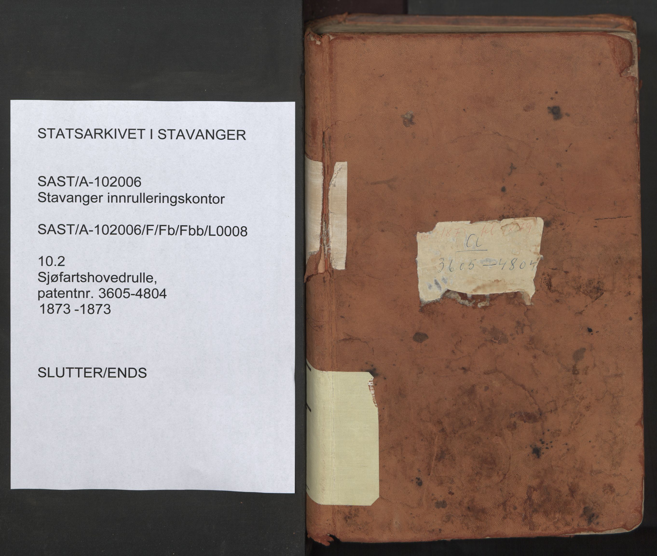 Stavanger sjømannskontor, AV/SAST-A-102006/F/Fb/Fbb/L0008: Sjøfartshovedrulle, patentnr. 3605-4804, 1873, s. 1