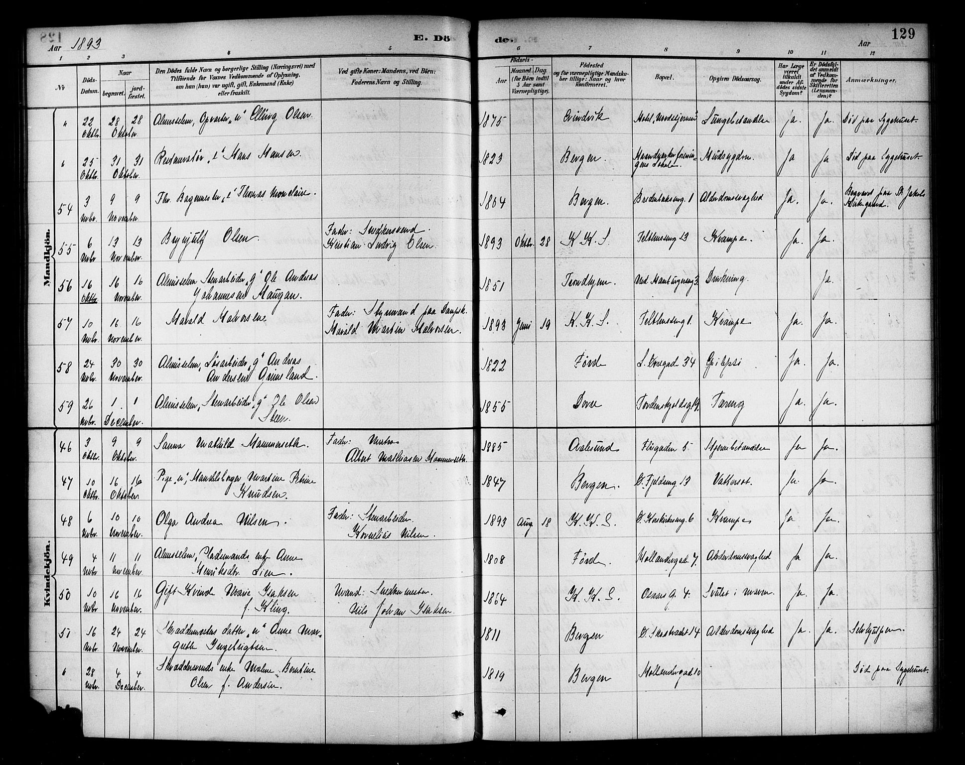 Korskirken sokneprestembete, AV/SAB-A-76101/H/Haa/L0047: Ministerialbok nr. E 5, 1884-1910, s. 129