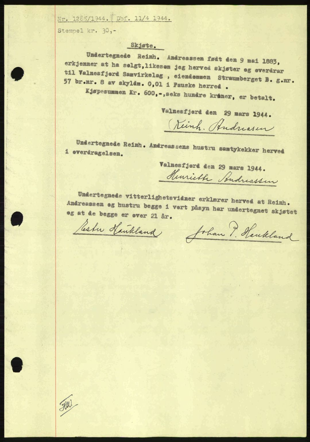 Salten sorenskriveri, SAT/A-4578/1/2/2C: Pantebok nr. A14-15, 1943-1945, Dagboknr: 1285/1944