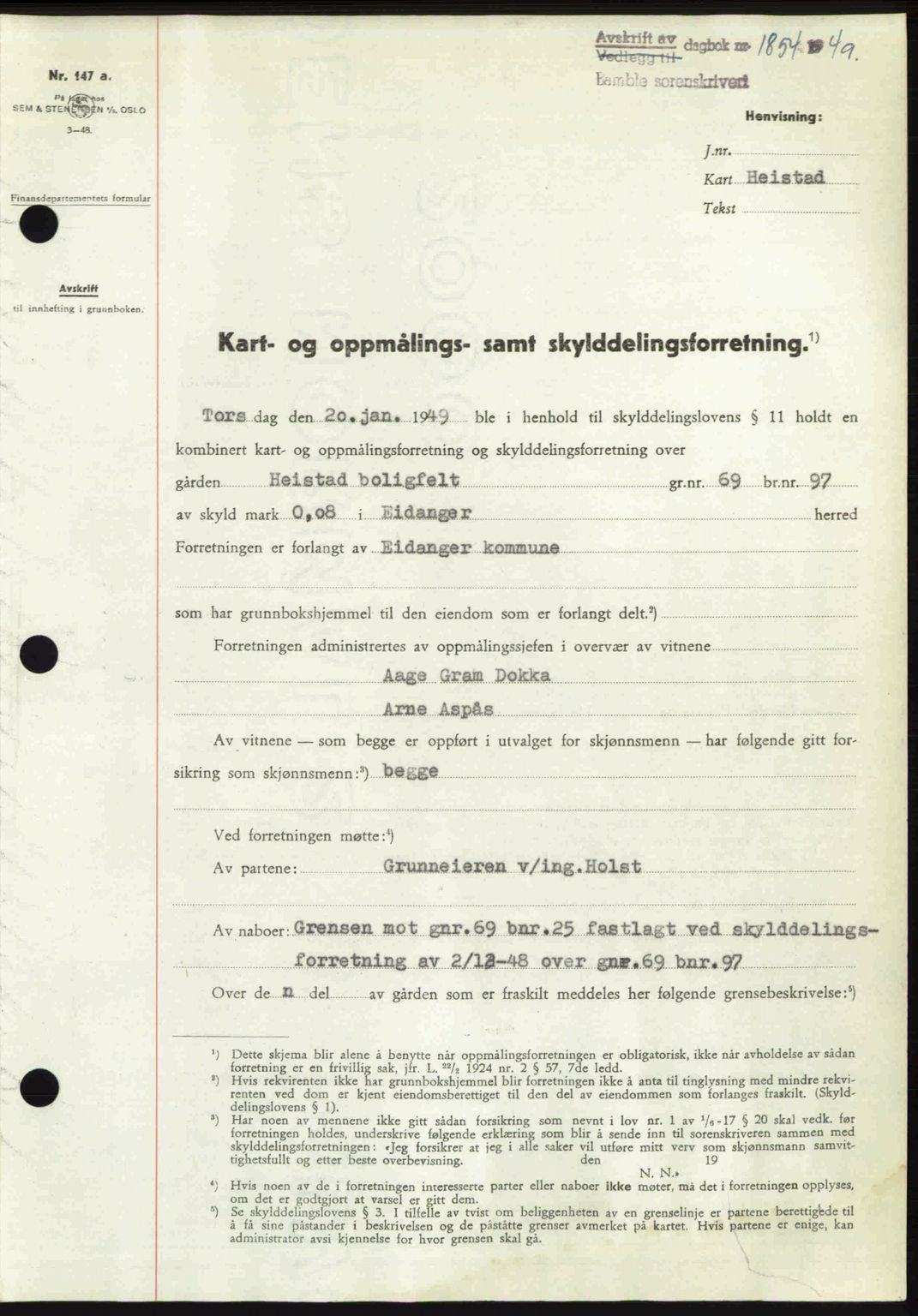 Bamble sorenskriveri, SAKO/A-214/G/Ga/Gag/L0015: Pantebok nr. A-15, 1949-1949, Dagboknr: 1854/1949