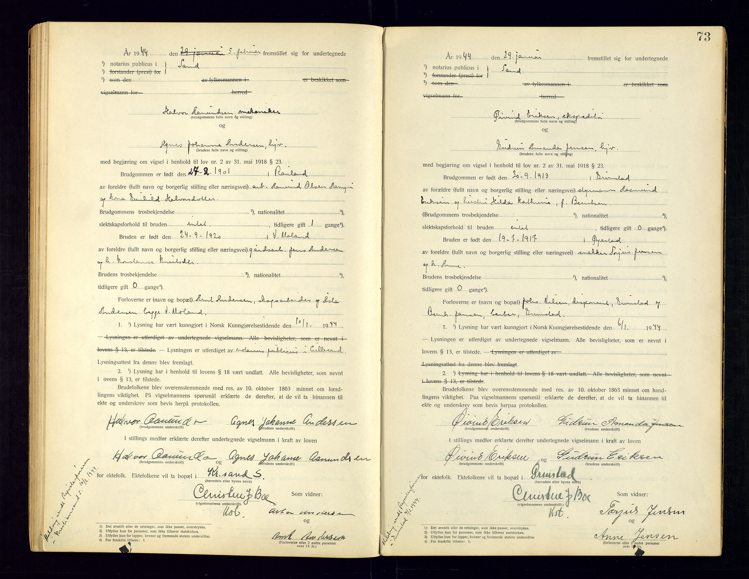 Sand sorenskriveri - 2, AV/SAK-1221-0110/I/Ib/L0532/0003: Lysning og vigsel / Vigselbok for Grimstad, 1920-1944, s. 73