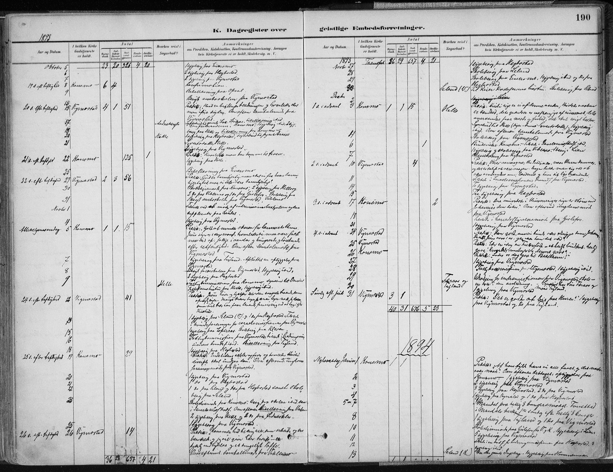 Nord-Audnedal sokneprestkontor, AV/SAK-1111-0032/F/Fa/Fab/L0003: Ministerialbok nr. A 3, 1882-1900, s. 190