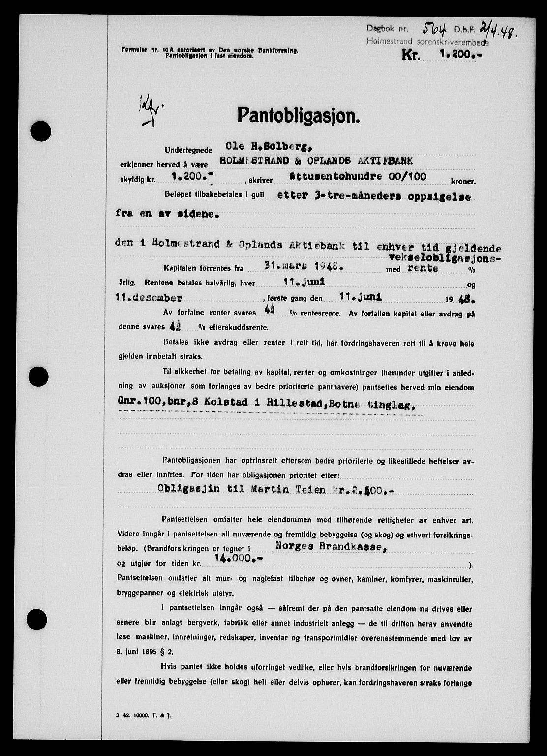 Holmestrand sorenskriveri, SAKO/A-67/G/Ga/Gab/L0058: Pantebok nr. B-58, 1947-1948, Dagboknr: 564/1948