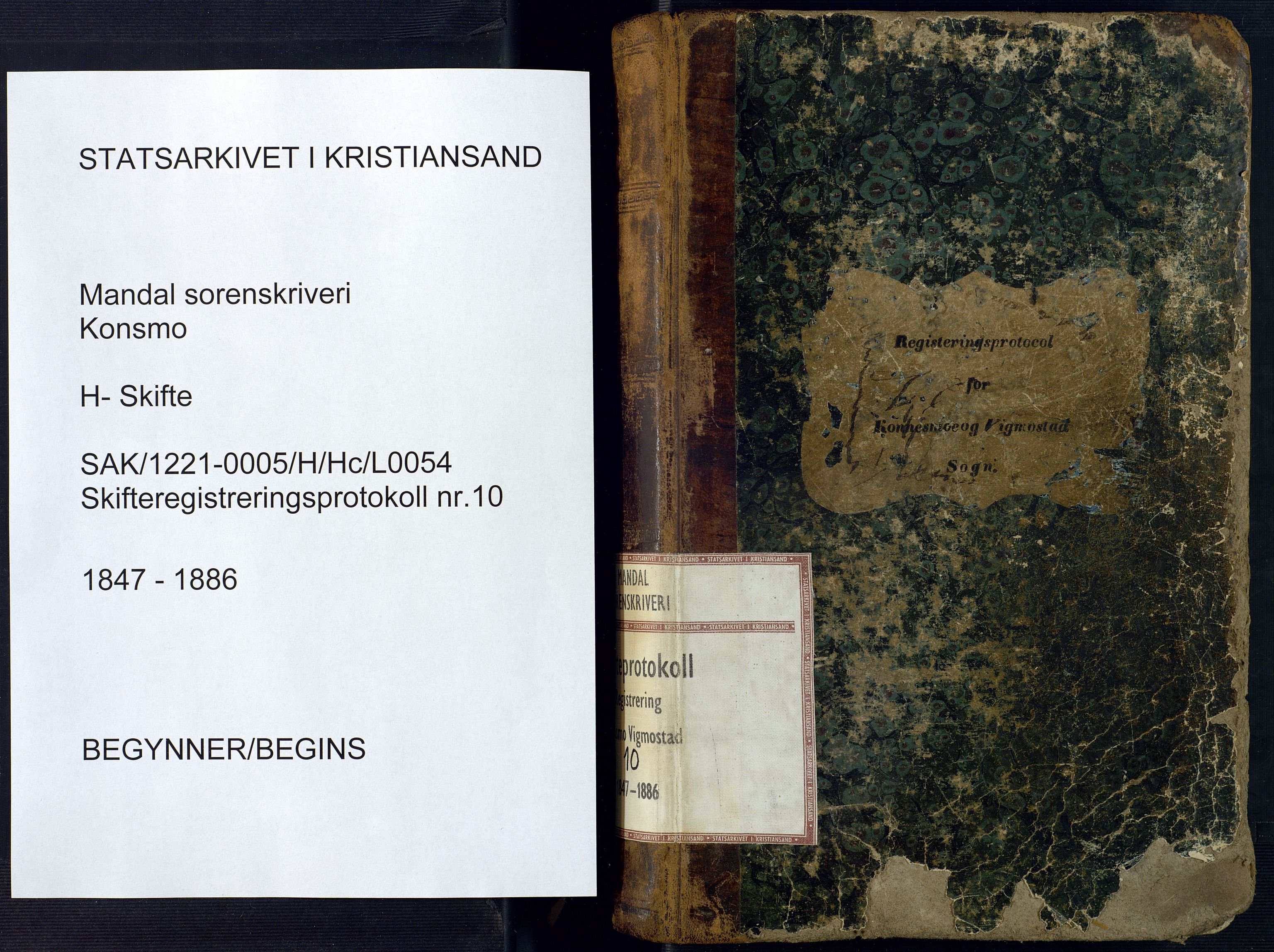 Mandal sorenskriveri, SAK/1221-0005/001/H/Hc/L0054: Skifteregistreringsprotokoll nr 10 Konsmo og Vigmostad, 1847-1886