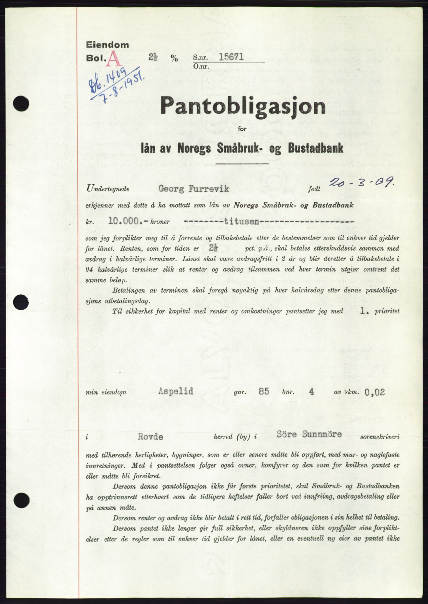 Søre Sunnmøre sorenskriveri, SAT/A-4122/1/2/2C/L0120: Pantebok nr. 8B, 1951-1951, Dagboknr: 1409/1951