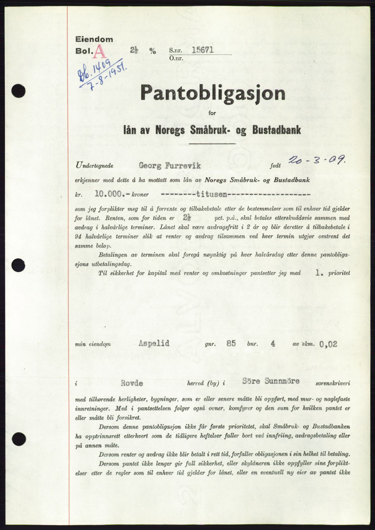 Søre Sunnmøre sorenskriveri, AV/SAT-A-4122/1/2/2C/L0120: Pantebok nr. 8B, 1951-1951, Dagboknr: 1409/1951