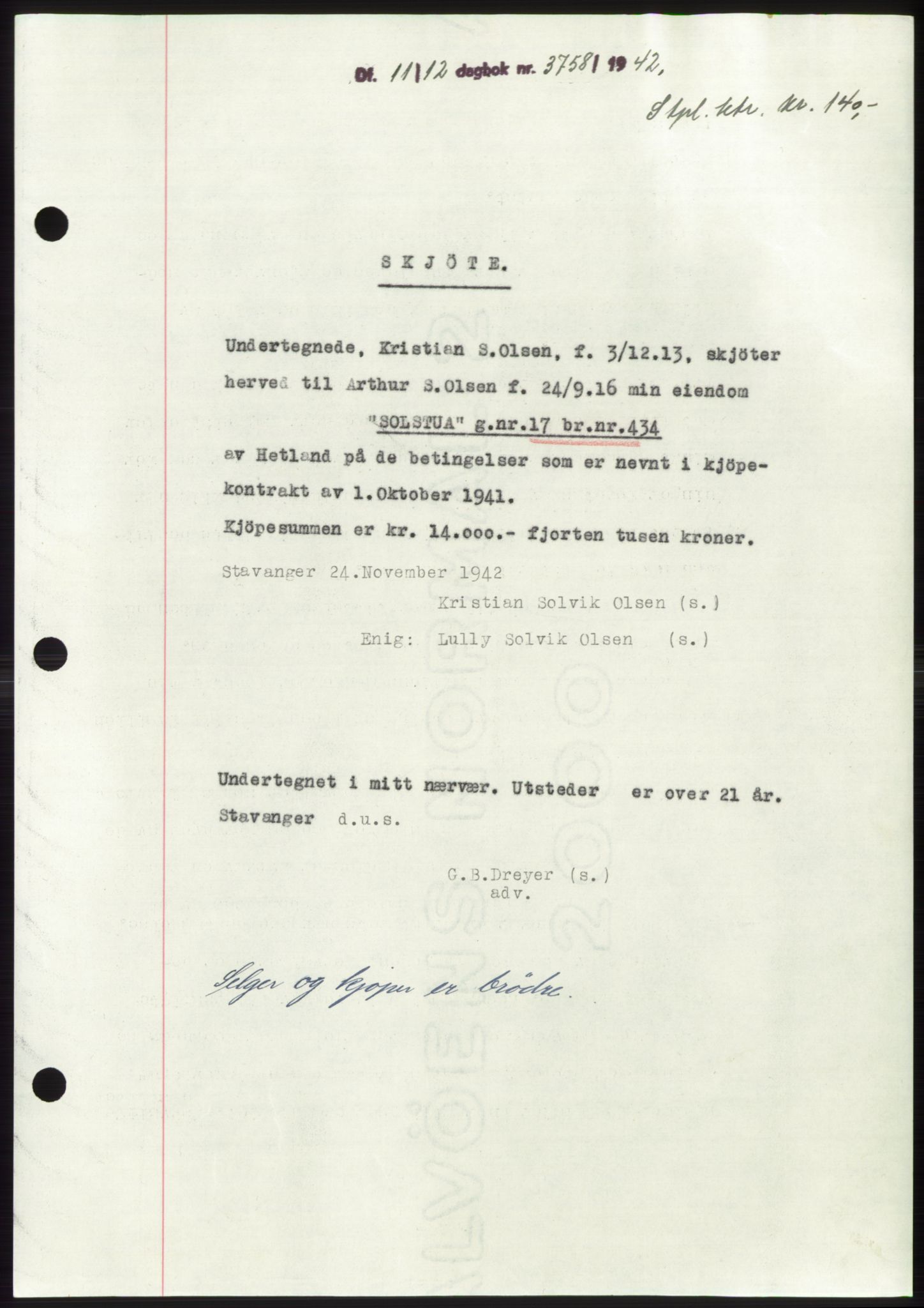 Jæren sorenskriveri, SAST/A-100310/03/G/Gba/L0083: Pantebok, 1942-1942, Dagboknr: 3758/1942