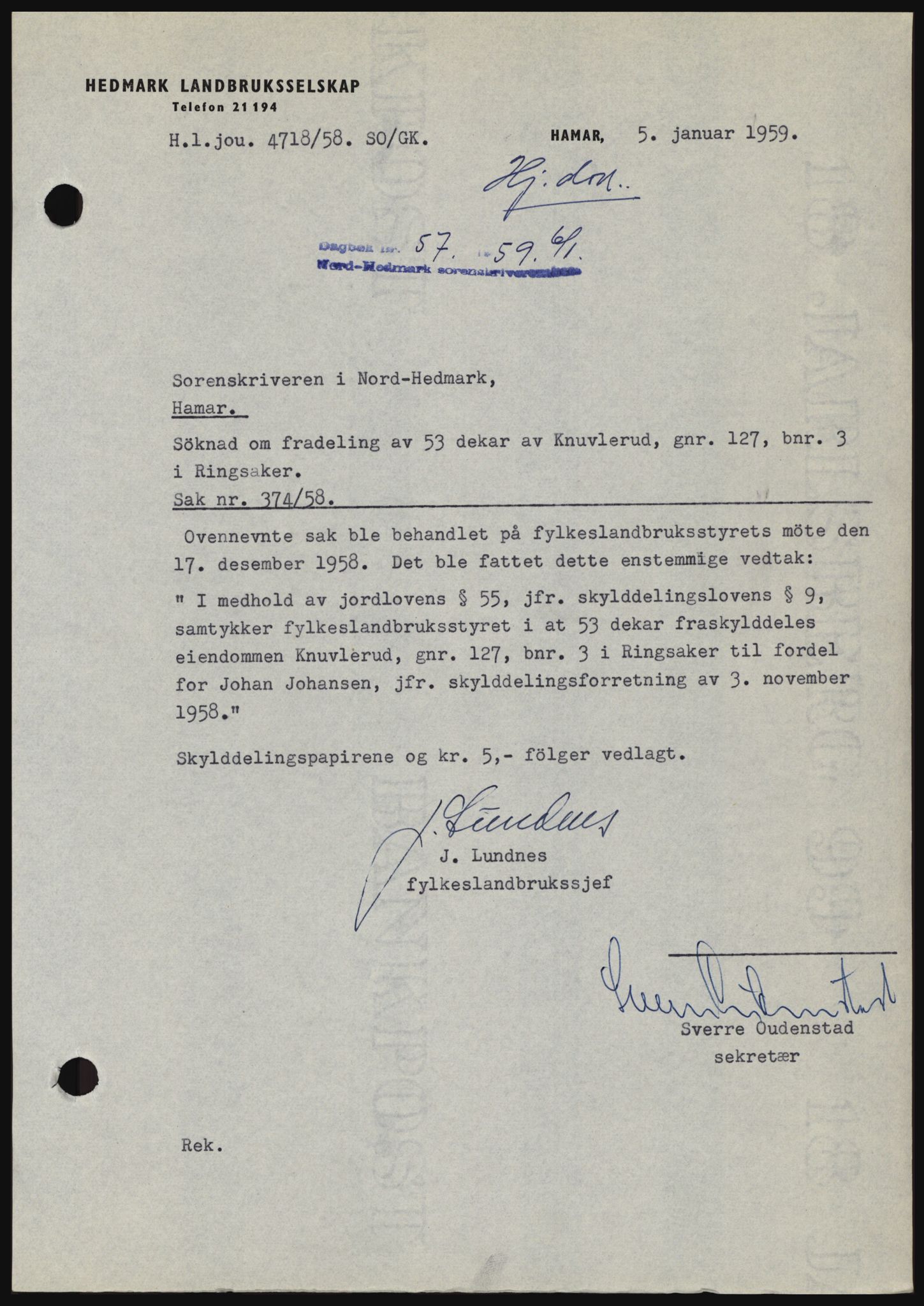 Nord-Hedmark sorenskriveri, SAH/TING-012/H/Hc/L0013: Pantebok nr. 13, 1959-1960, Dagboknr: 57/1959