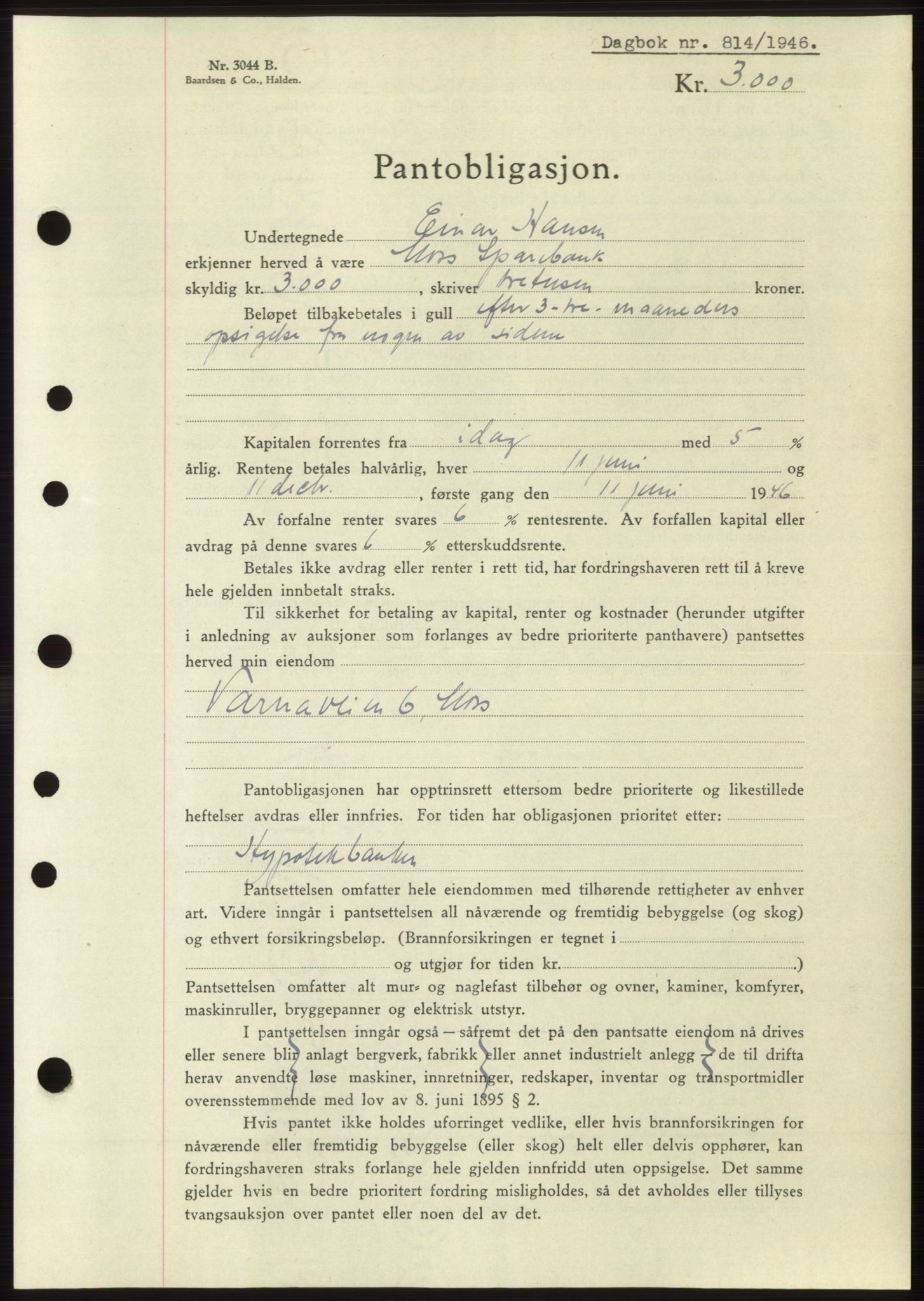 Moss sorenskriveri, SAO/A-10168: Pantebok nr. B15, 1946-1946, Dagboknr: 814/1946