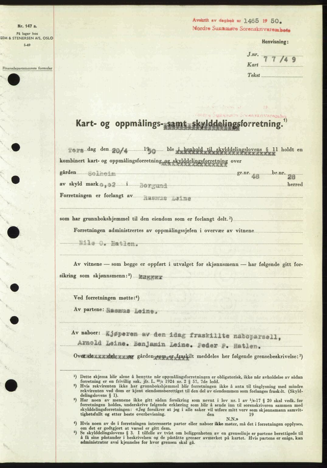 Nordre Sunnmøre sorenskriveri, SAT/A-0006/1/2/2C/2Ca: Pantebok nr. A35, 1950-1950, Dagboknr: 1465/1950