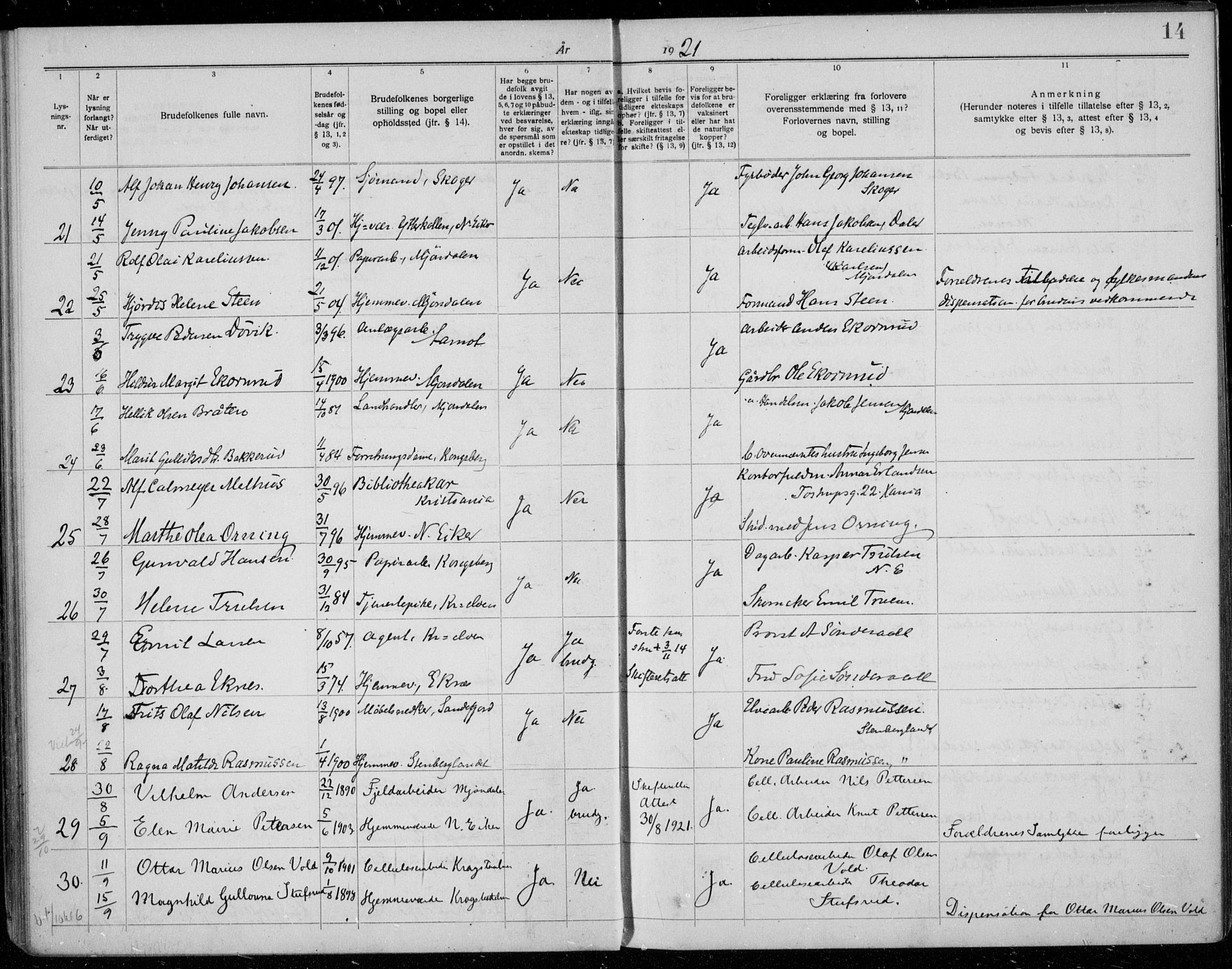 Nedre Eiker kirkebøker, AV/SAKO-A-612/H/Ha/L0001: Lysningsprotokoll nr. 1, 1919-1937, s. 14