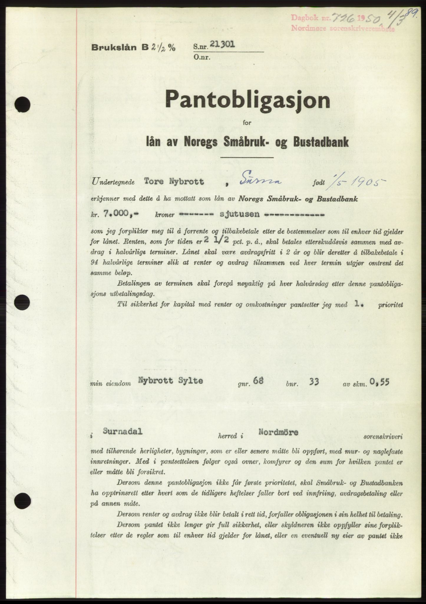 Nordmøre sorenskriveri, AV/SAT-A-4132/1/2/2Ca: Pantebok nr. B104, 1950-1950, Dagboknr: 726/1950