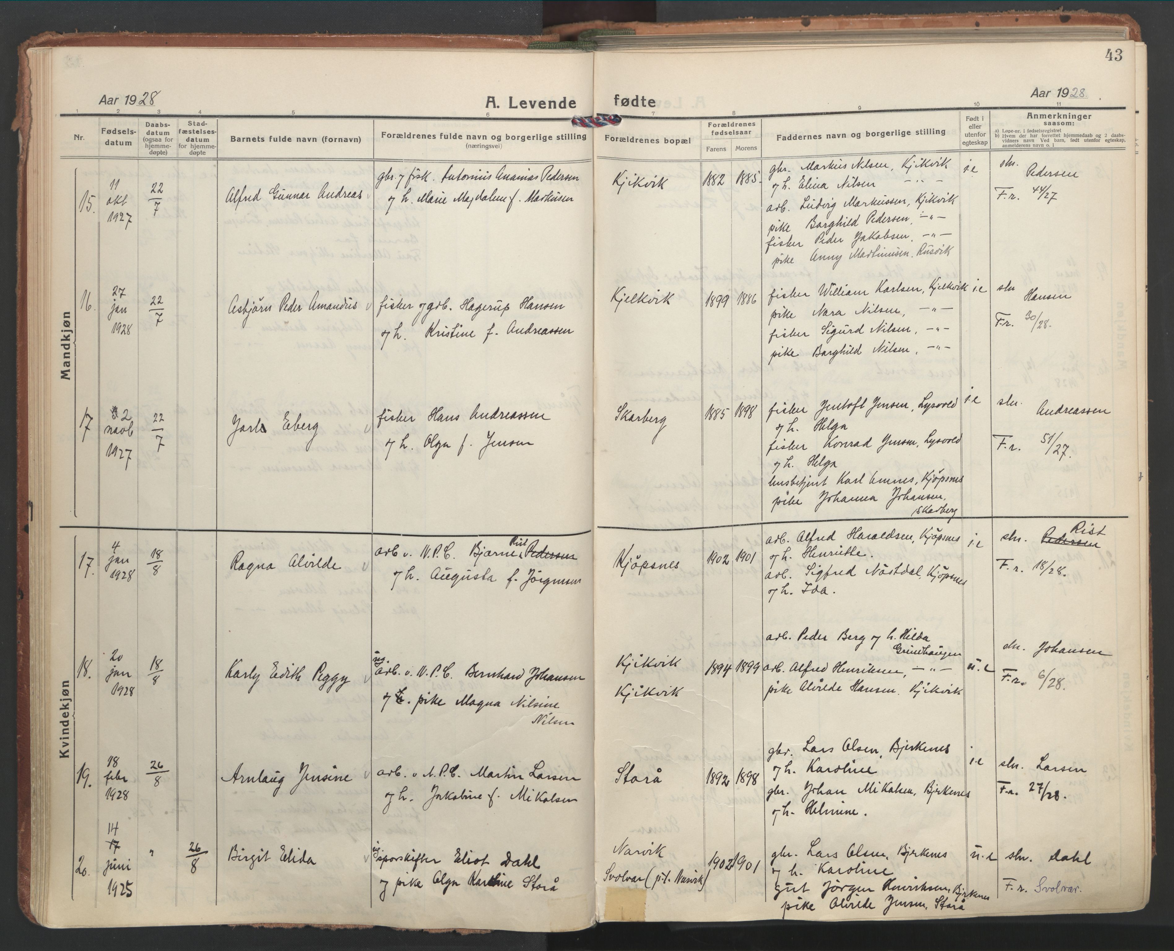 Ministerialprotokoller, klokkerbøker og fødselsregistre - Nordland, AV/SAT-A-1459/861/L0873: Ministerialbok nr. 861A08, 1923-1932, s. 43