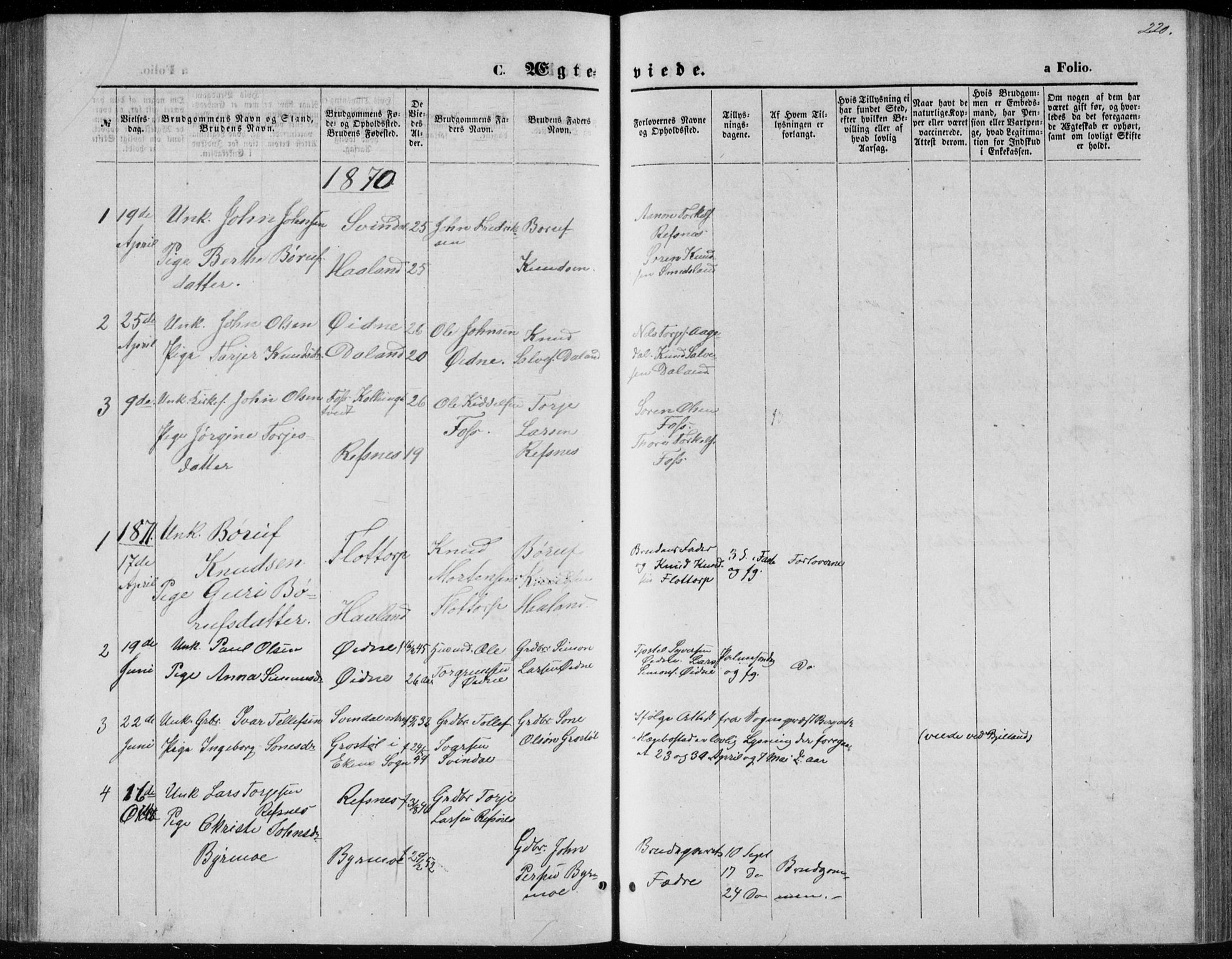 Bjelland sokneprestkontor, AV/SAK-1111-0005/F/Fb/Fbc/L0002: Klokkerbok nr. B 2, 1867-1887, s. 220