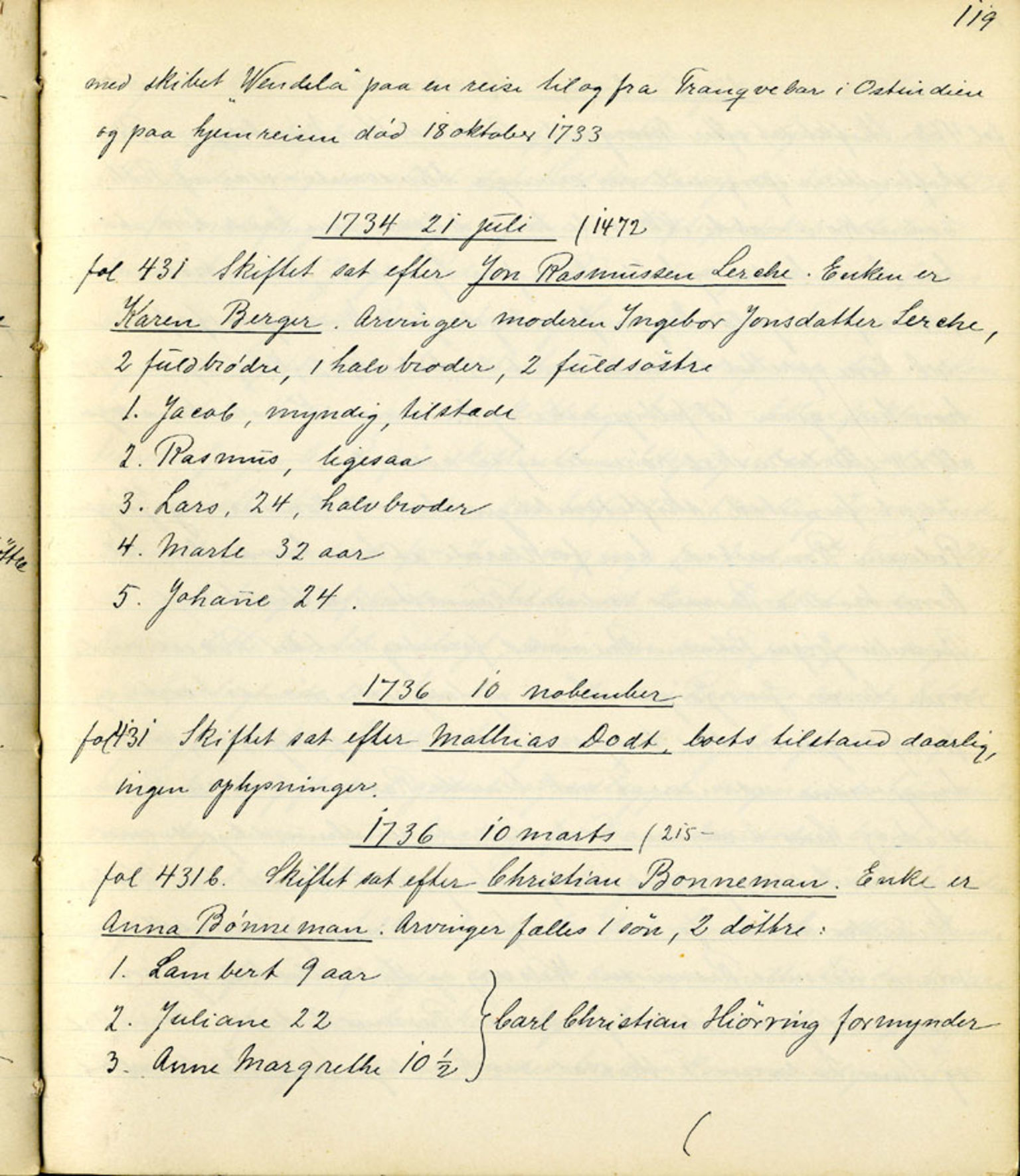 Sollied, Olaf og Thora - samlinger, AV/SAB-SAB/DA-0401/01/L0010/0001: Skifte: Utdrag av skifteprotokoller / 92 Skifteprotokoller: utdrag, 1731-1740, s. 119