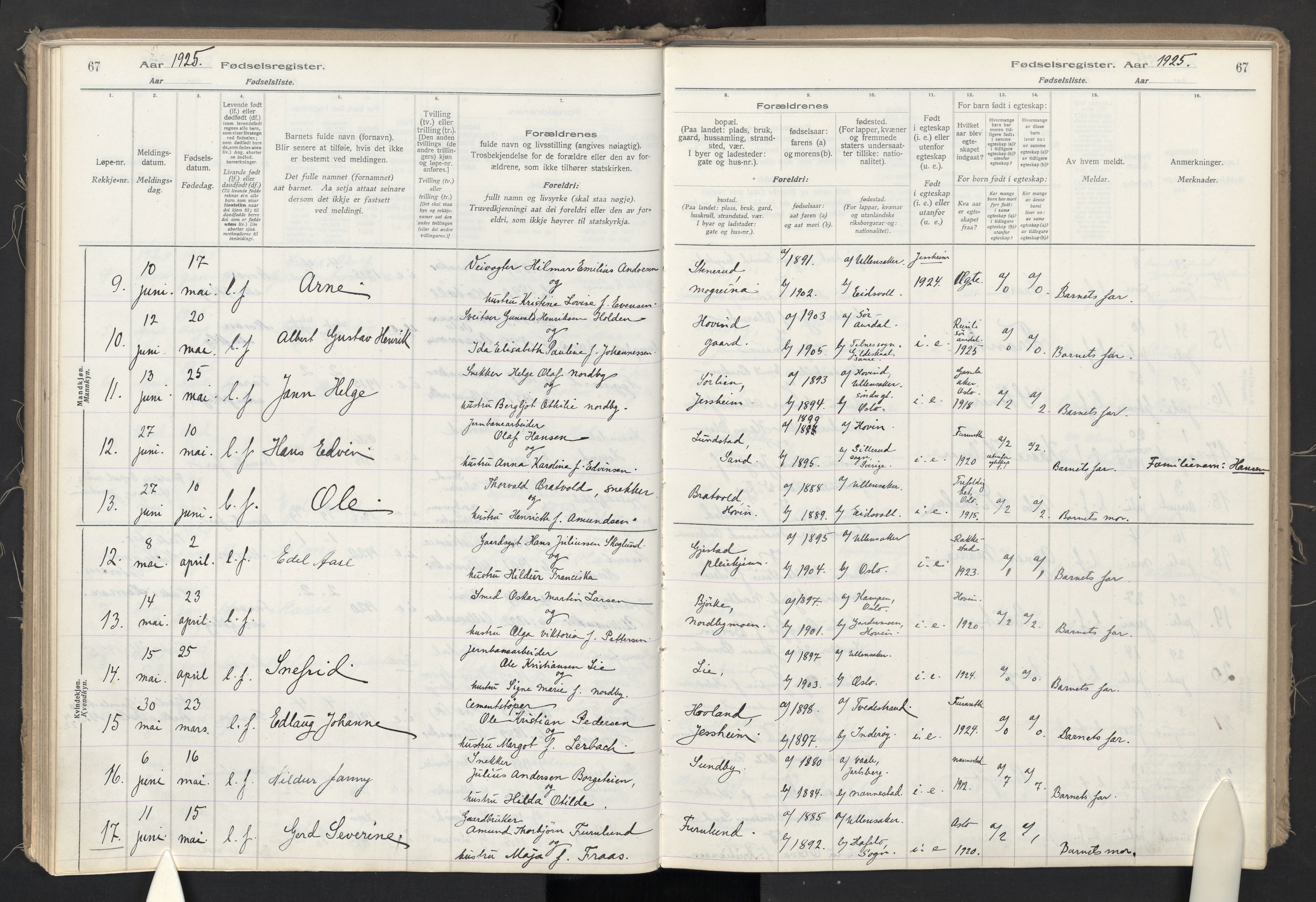 Ullensaker prestekontor Kirkebøker, AV/SAO-A-10236a/J/Jb/L0001: Fødselsregister nr. II 1, 1916-1946, s. 67