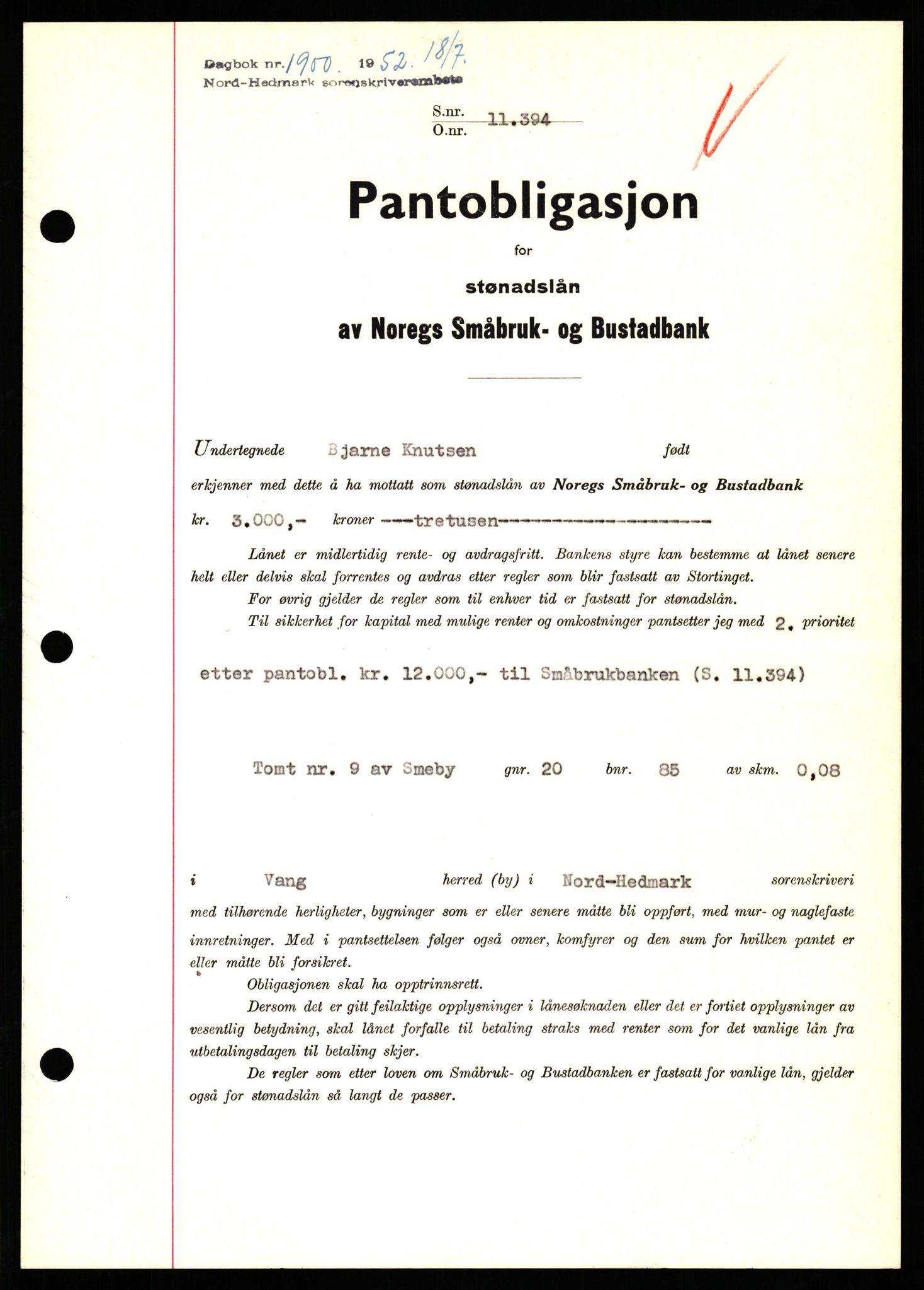 Nord-Hedmark sorenskriveri, SAH/TING-012/H/Hb/Hbf/L0025: Pantebok nr. B25, 1952-1952, Dagboknr: 1900/1952