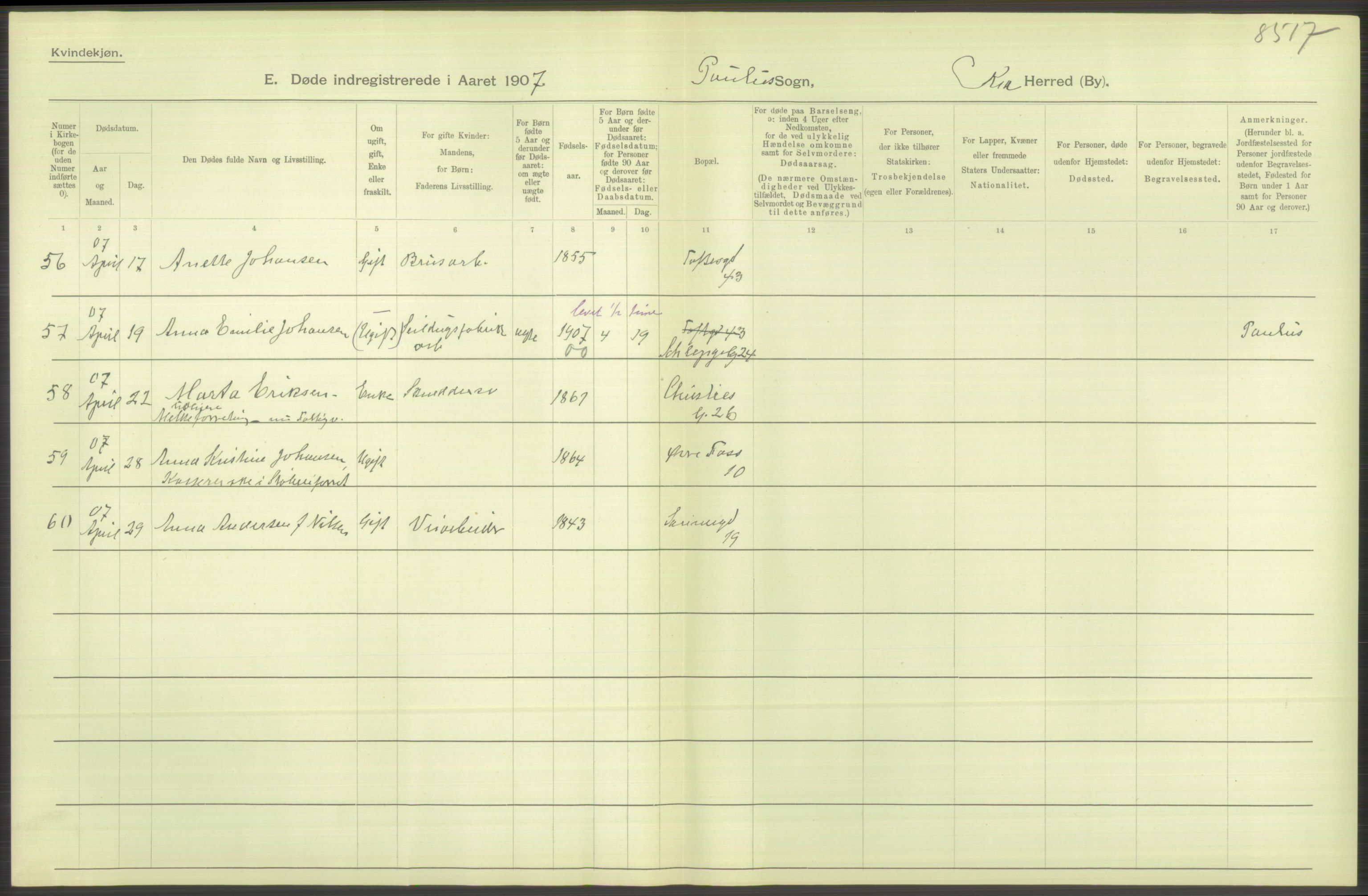 Statistisk sentralbyrå, Sosiodemografiske emner, Befolkning, AV/RA-S-2228/D/Df/Dfa/Dfae/L0009: Kristiania: Døde, 1907, s. 394