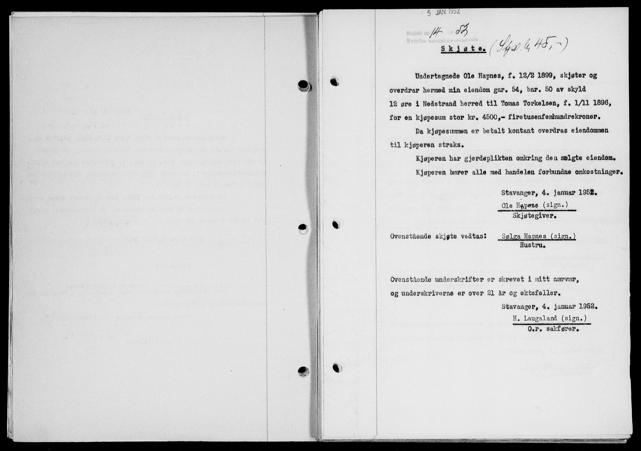Ryfylke tingrett, SAST/A-100055/001/II/IIB/L0116: Pantebok nr. 95, 1951-1952, Dagboknr: 14/1952