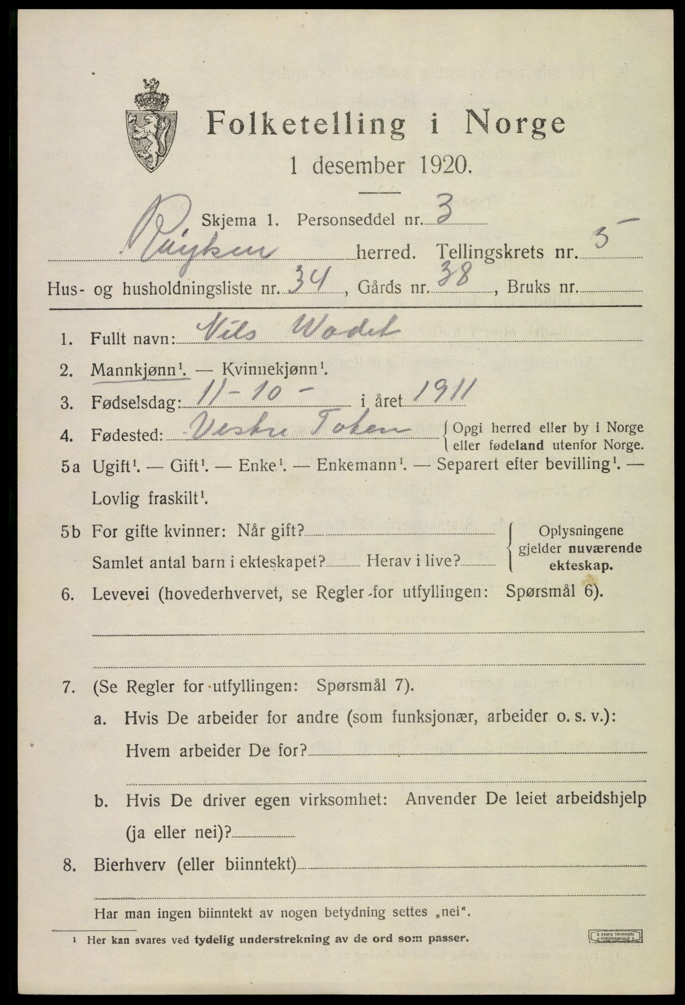 SAKO, Folketelling 1920 for 0627 Røyken herred, 1920, s. 7526