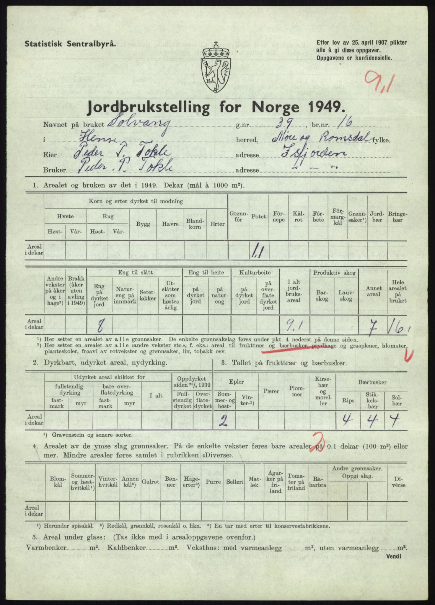 Statistisk sentralbyrå, Næringsøkonomiske emner, Jordbruk, skogbruk, jakt, fiske og fangst, AV/RA-S-2234/G/Gc/L0323: Møre og Romsdal: Grytten og Hen, 1949, s. 531