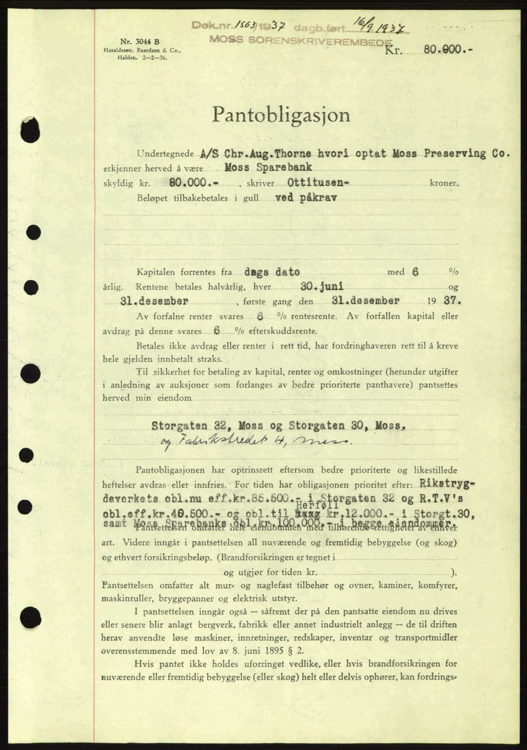 Moss sorenskriveri, SAO/A-10168: Pantebok nr. B4, 1937-1938, Dagboknr: 1563/1937