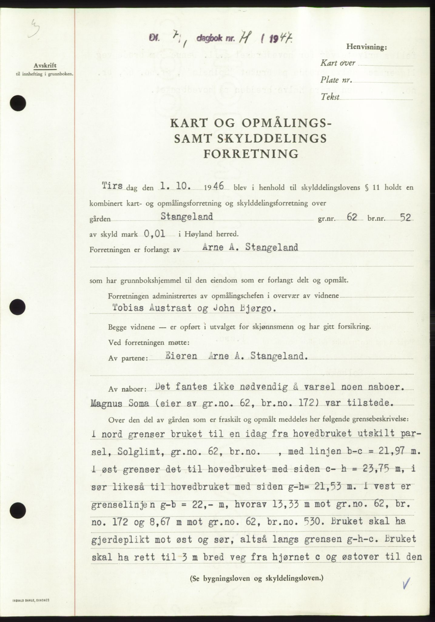 Jæren sorenskriveri, SAST/A-100310/03/G/Gba/L0093: Pantebok, 1947-1947, Dagboknr: 71/1947
