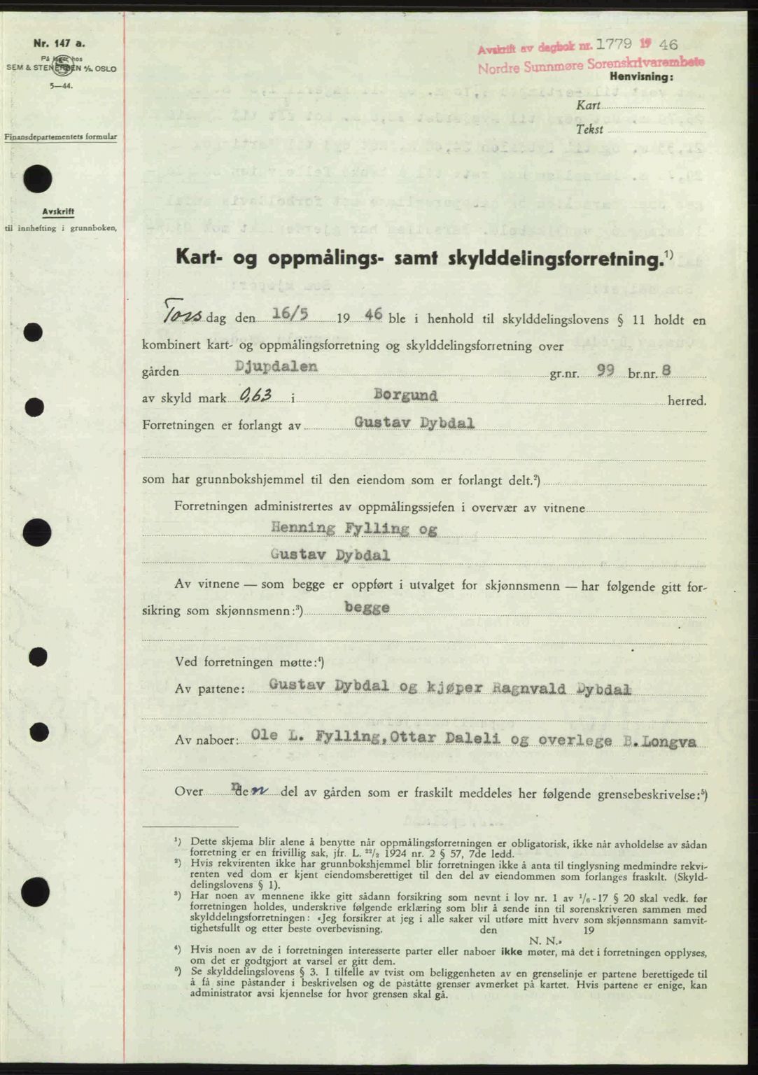 Nordre Sunnmøre sorenskriveri, SAT/A-0006/1/2/2C/2Ca: Pantebok nr. A22, 1946-1946, Dagboknr: 1779/1946