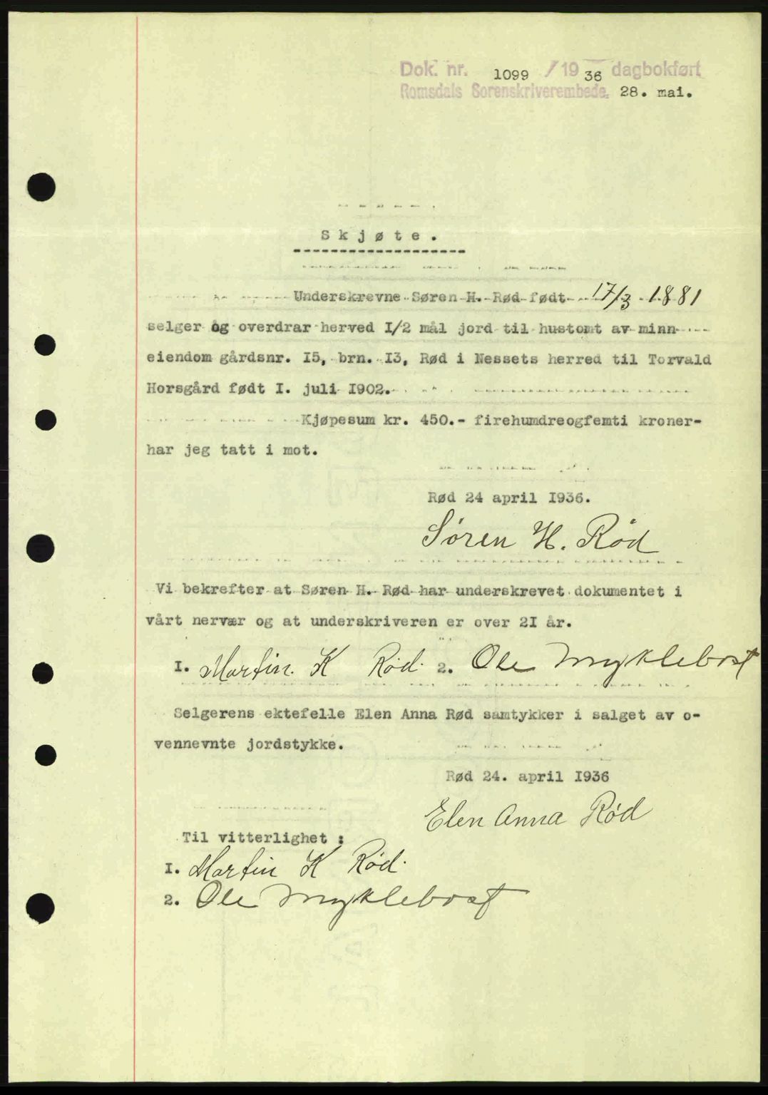 Romsdal sorenskriveri, SAT/A-4149/1/2/2C: Pantebok nr. A1, 1936-1936, Dagboknr: 1099/1936
