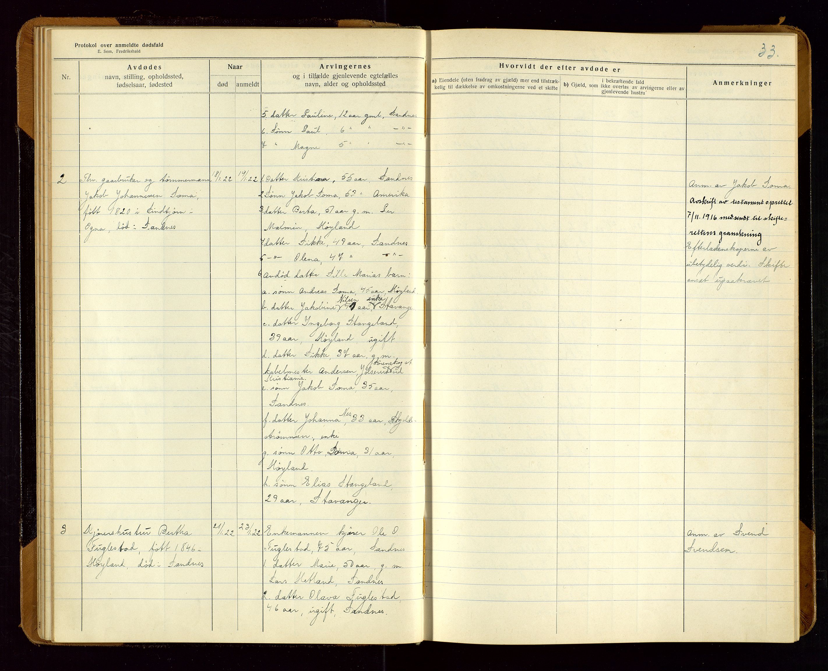 Sandnes lensmannskontor, AV/SAST-A-100167/Gga/L0001: "Protokol over anmeldte dødsfald" m/register, 1918-1940, s. 33