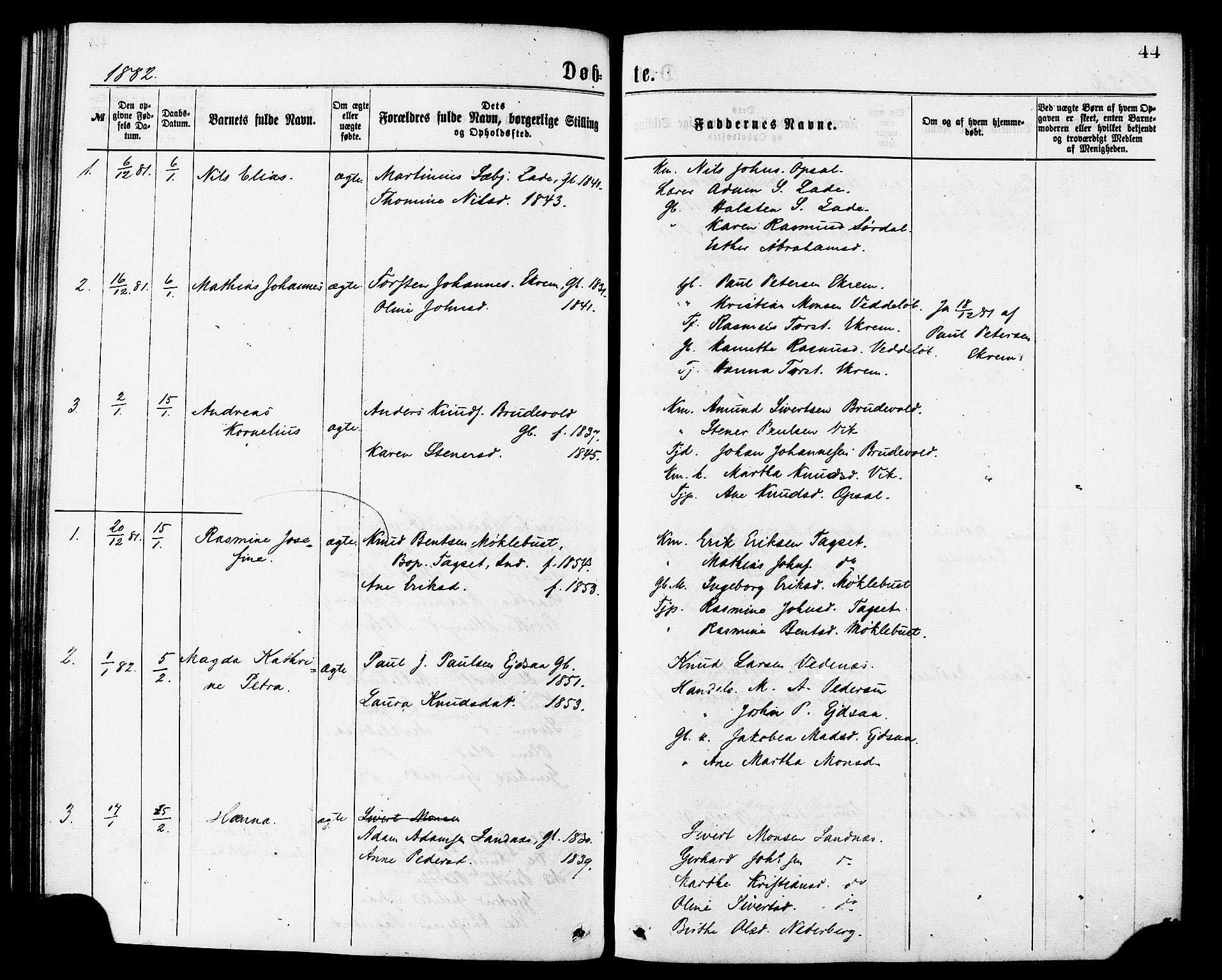 Ministerialprotokoller, klokkerbøker og fødselsregistre - Møre og Romsdal, AV/SAT-A-1454/502/L0024: Ministerialbok nr. 502A02, 1873-1884, s. 44